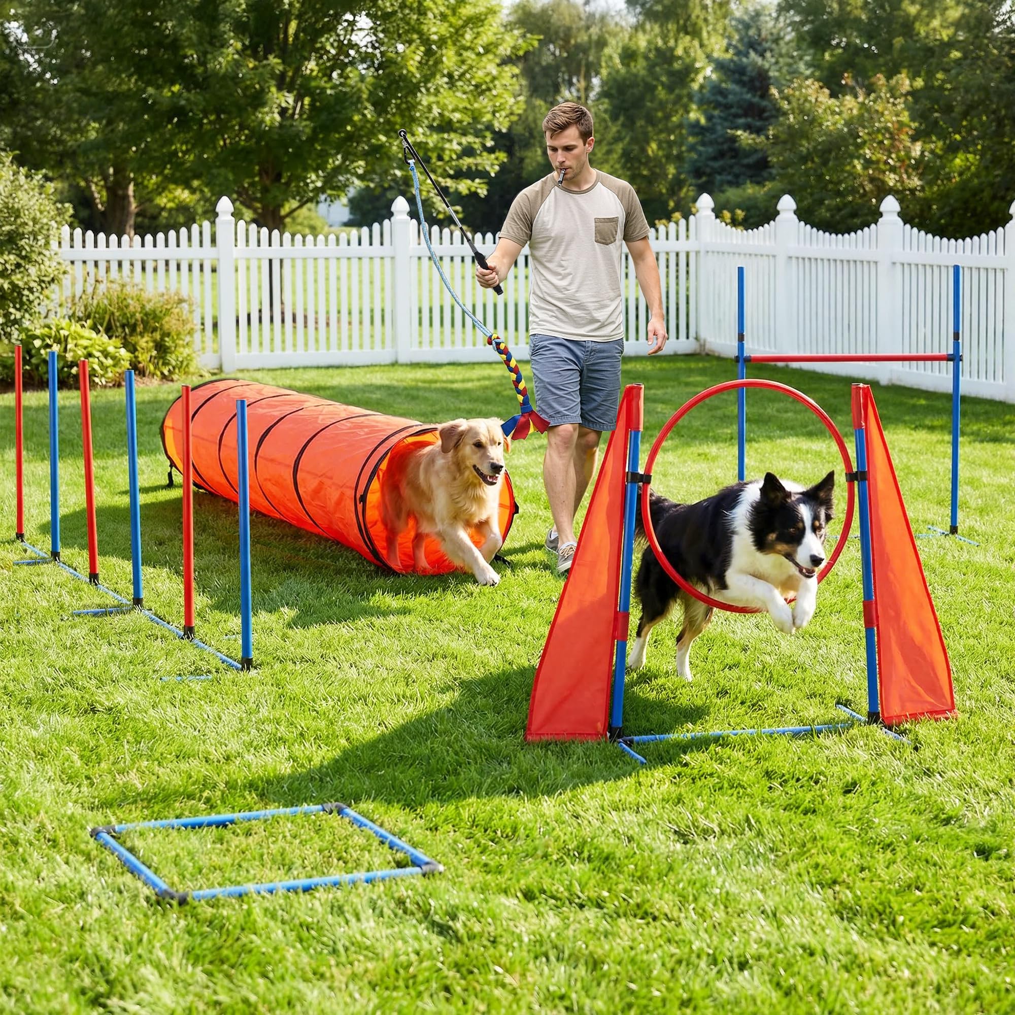 DWVO Dog Agility Accessories Kit: Comprises of a Teaser Pole, 2 Hurdles, 6 Weaving Poles, Agility Tunnel, Pause Box, Full Set of