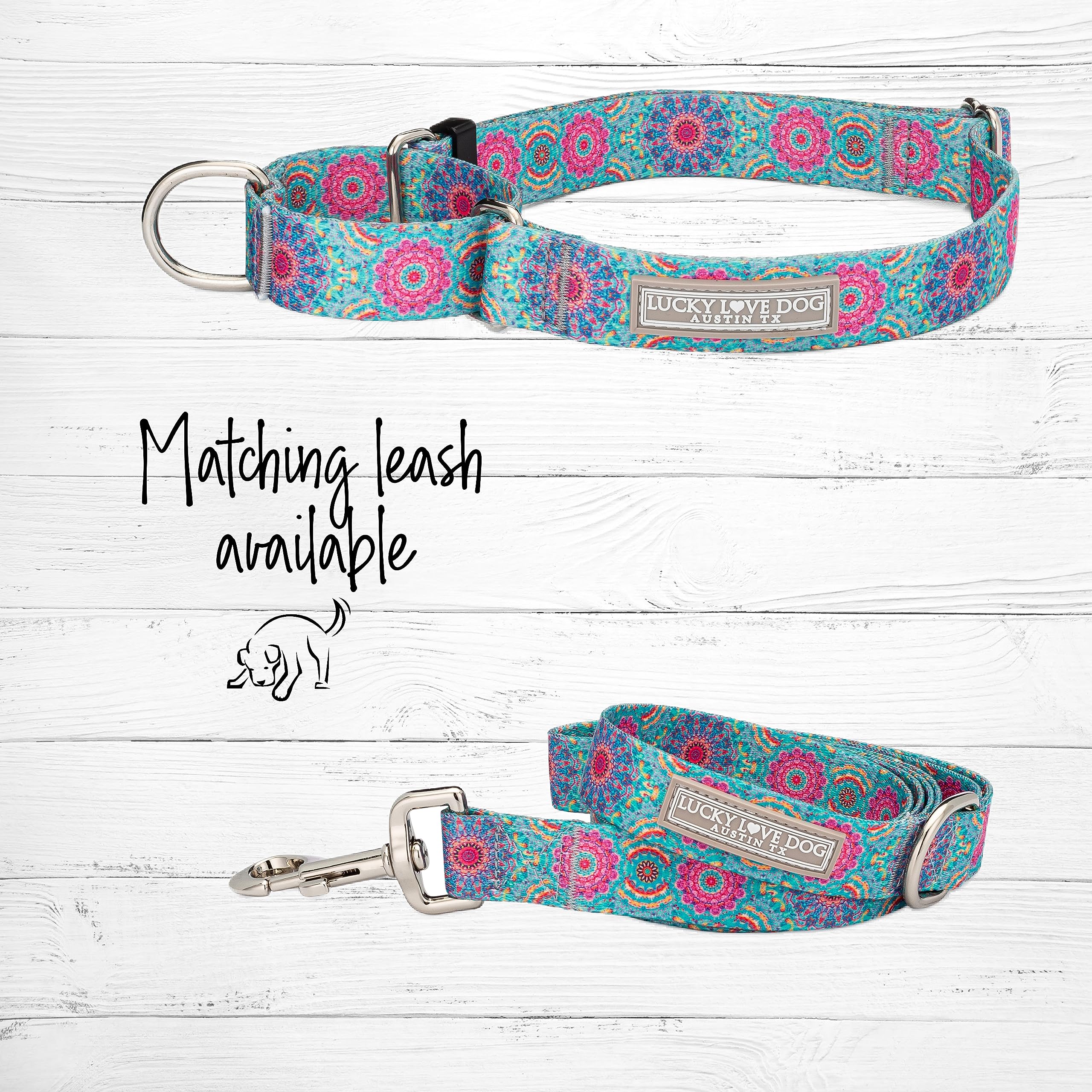 Lucky Love Dog Martingale Dog Collar & Leash - Adjustable, No-Slip, Durable, Comfortable, Soft Webbing, & Stylish Patterned Coll