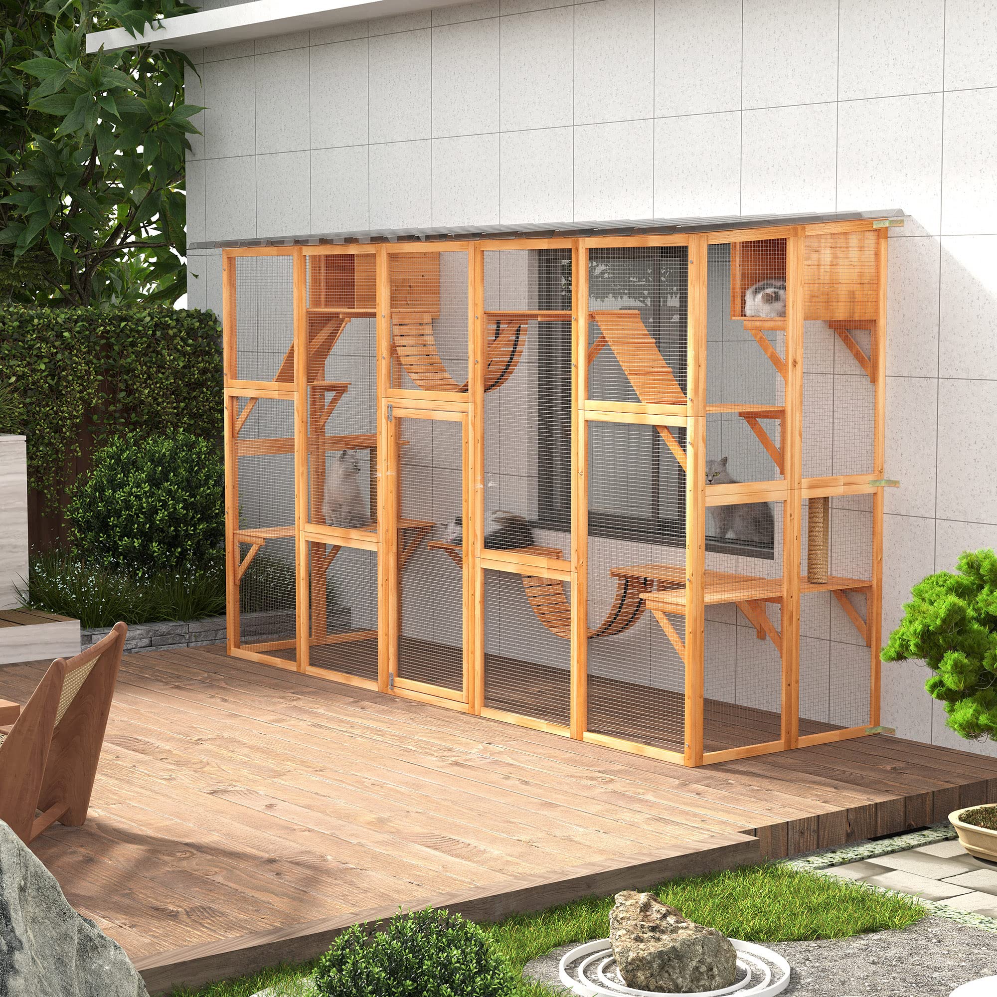 Pawhut Catio Playground Cat Window Box Outside Enclosure, Outdoor Cat House With Weather Protection Roof For Multiple Kitties, Wooden Frame, Shelves & Bridges, 118' X 37. 5' X 74', Orange