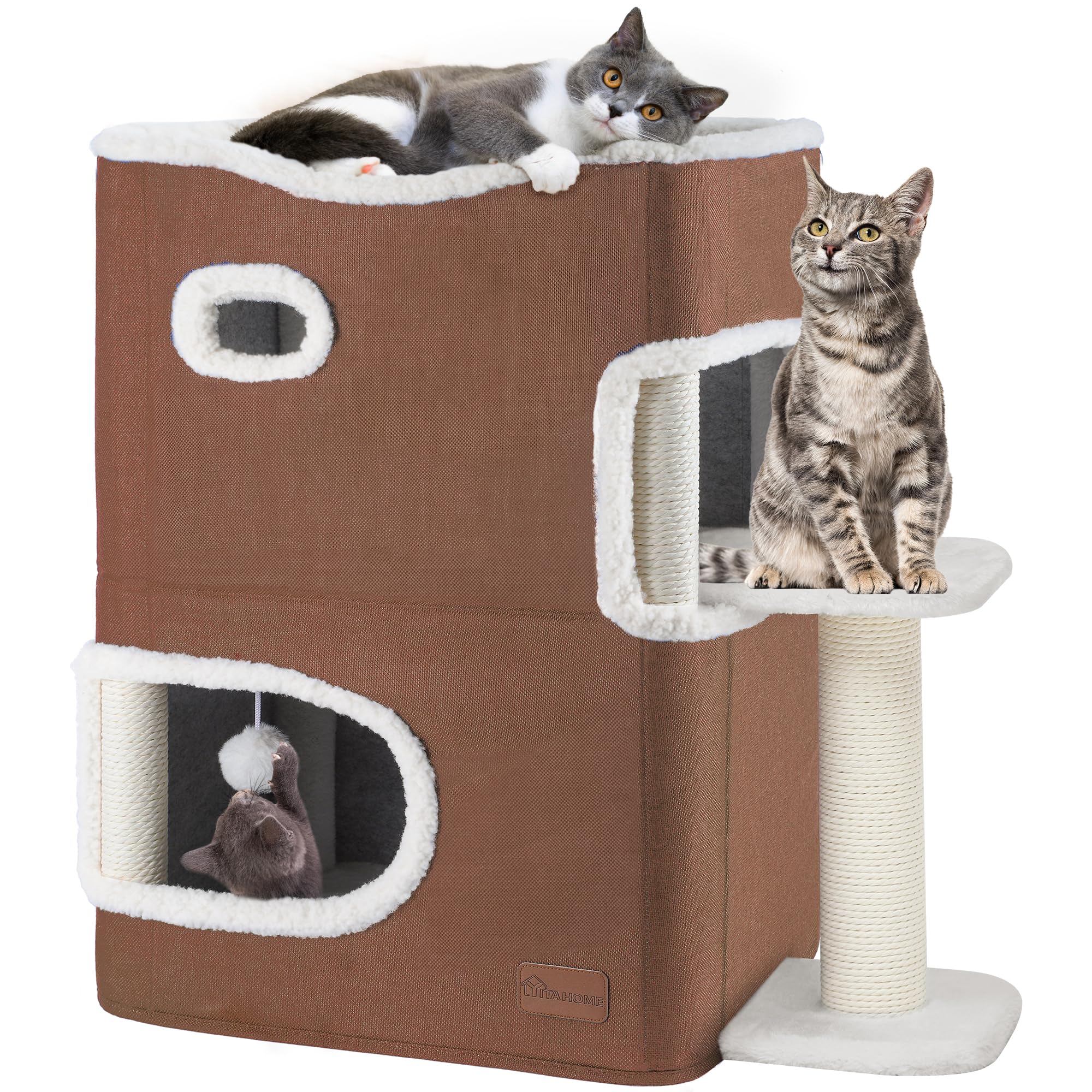 YIATHOME 2-Tier Cat House, Cat Beds for Indoor Cats, Small Cat Condo with Scratch Post, Hideaway Cave, Climbing Stand, Modern Ca