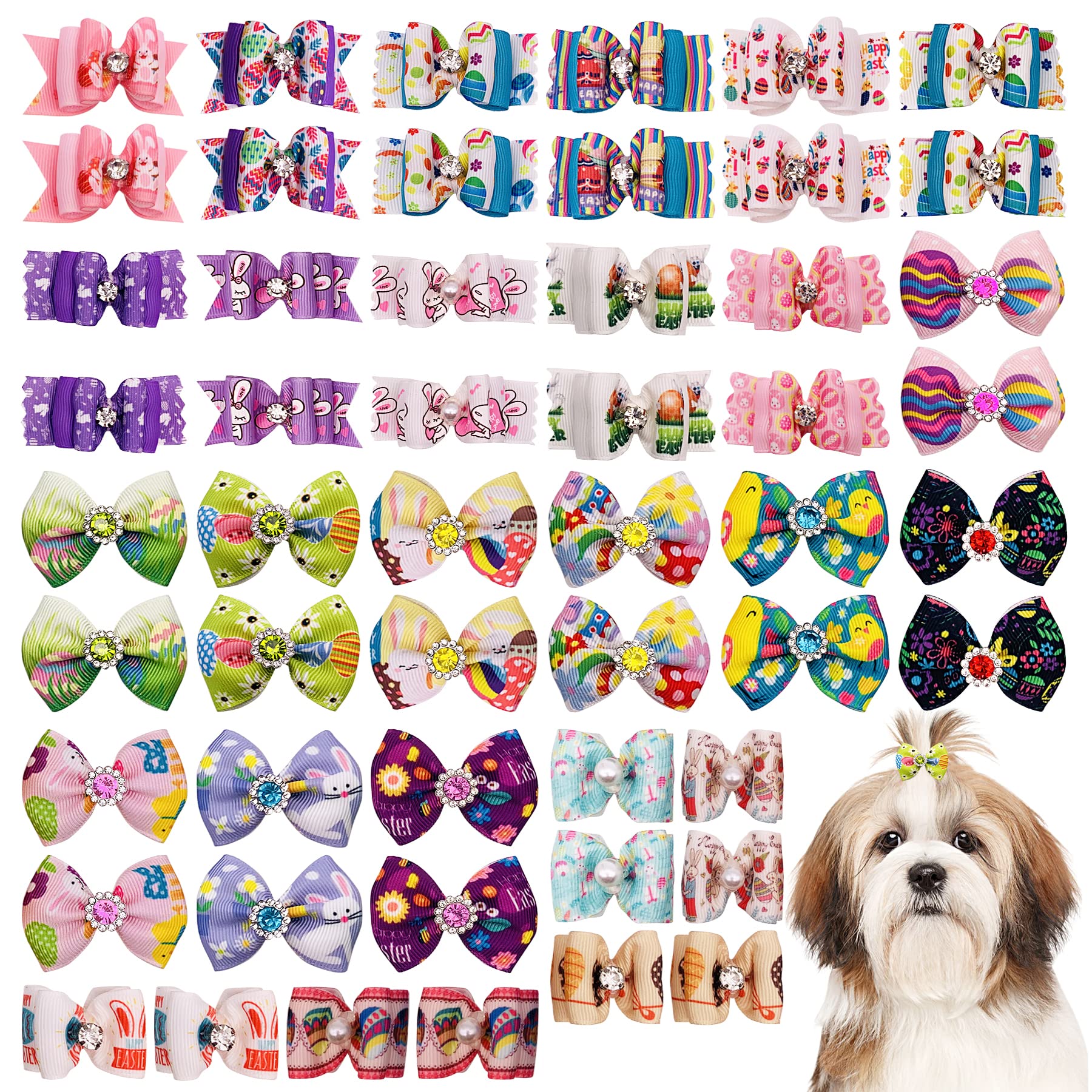 Jpgdn 50Pcs/25Pairs Easter Dog Hair Bows With Rubber Bands Rabbit Eggs Puppy Hair Bowknot Top Knot Elastic For Doggy Cat Rabbit 