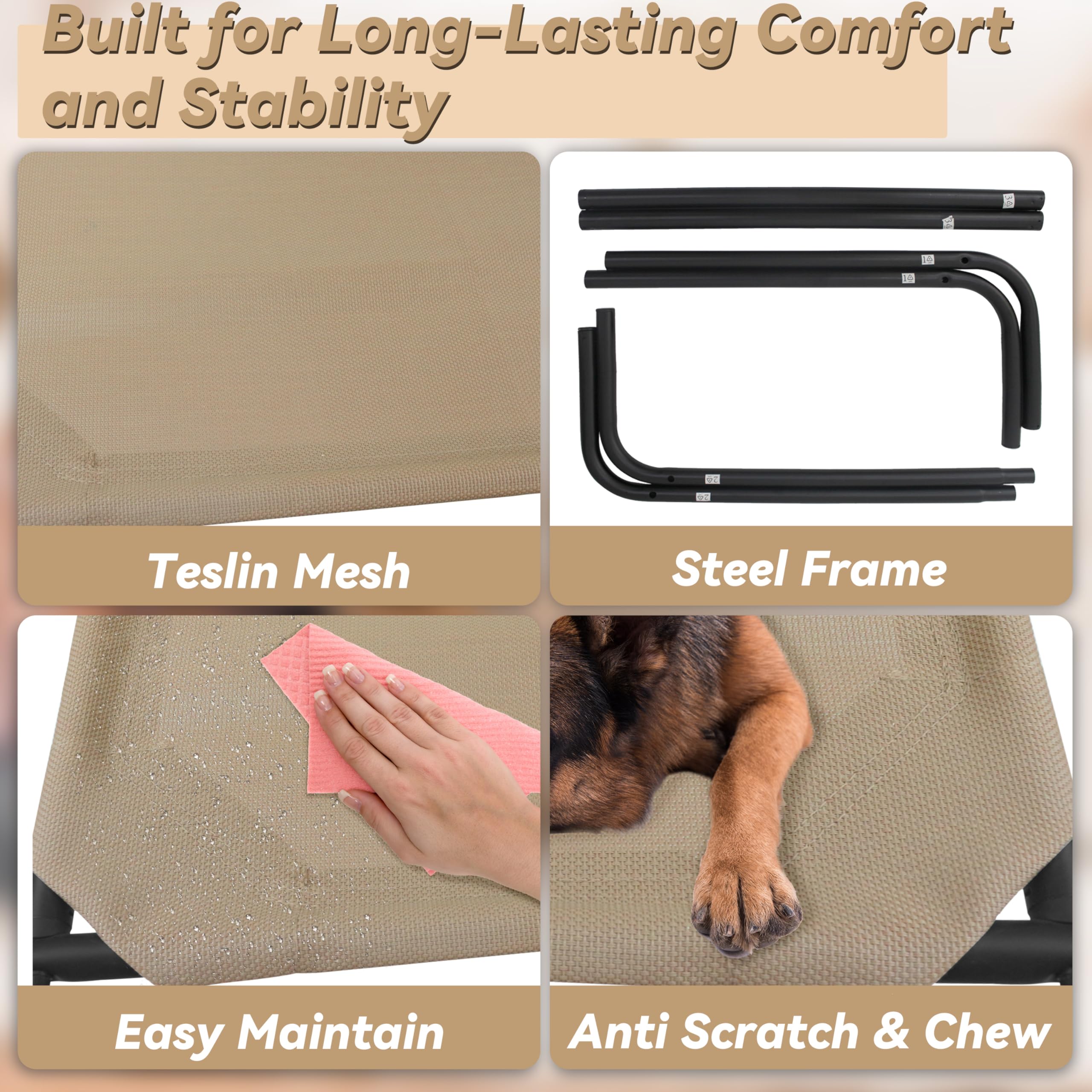 Phyex Heavy Duty Steel-Framed Portable Elevated Pet Bed, Elevated Cooling Pet Cot, 50.5' L X 30.5' W X 7.8' H(L, Brown)