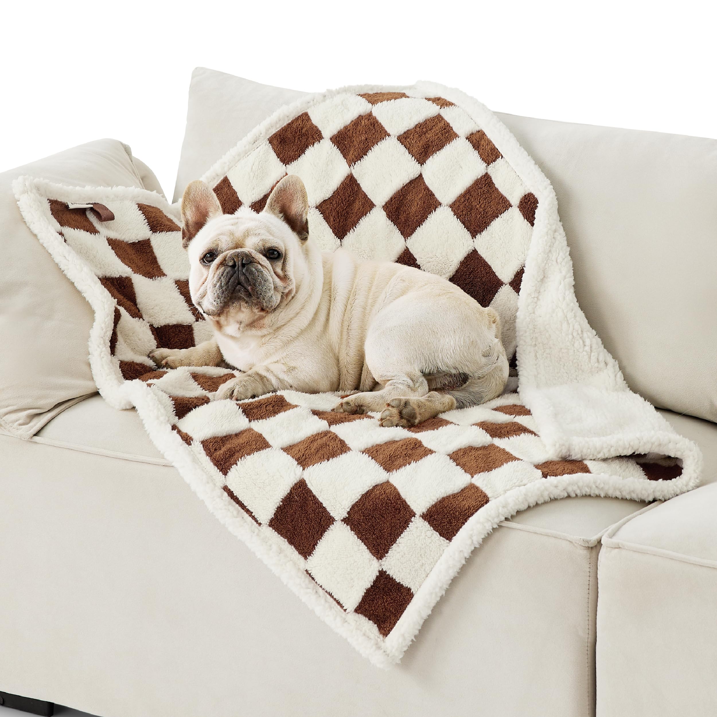 Lesure Waterproof Dog Blanket For Medium Dogs - Washable Double Sided Dog Blankets With Warm Jacquard Shag And Soft Sherpa Fleece, Pet Cat Blanket For Couch Protection, 3D Textured Checks, Brown