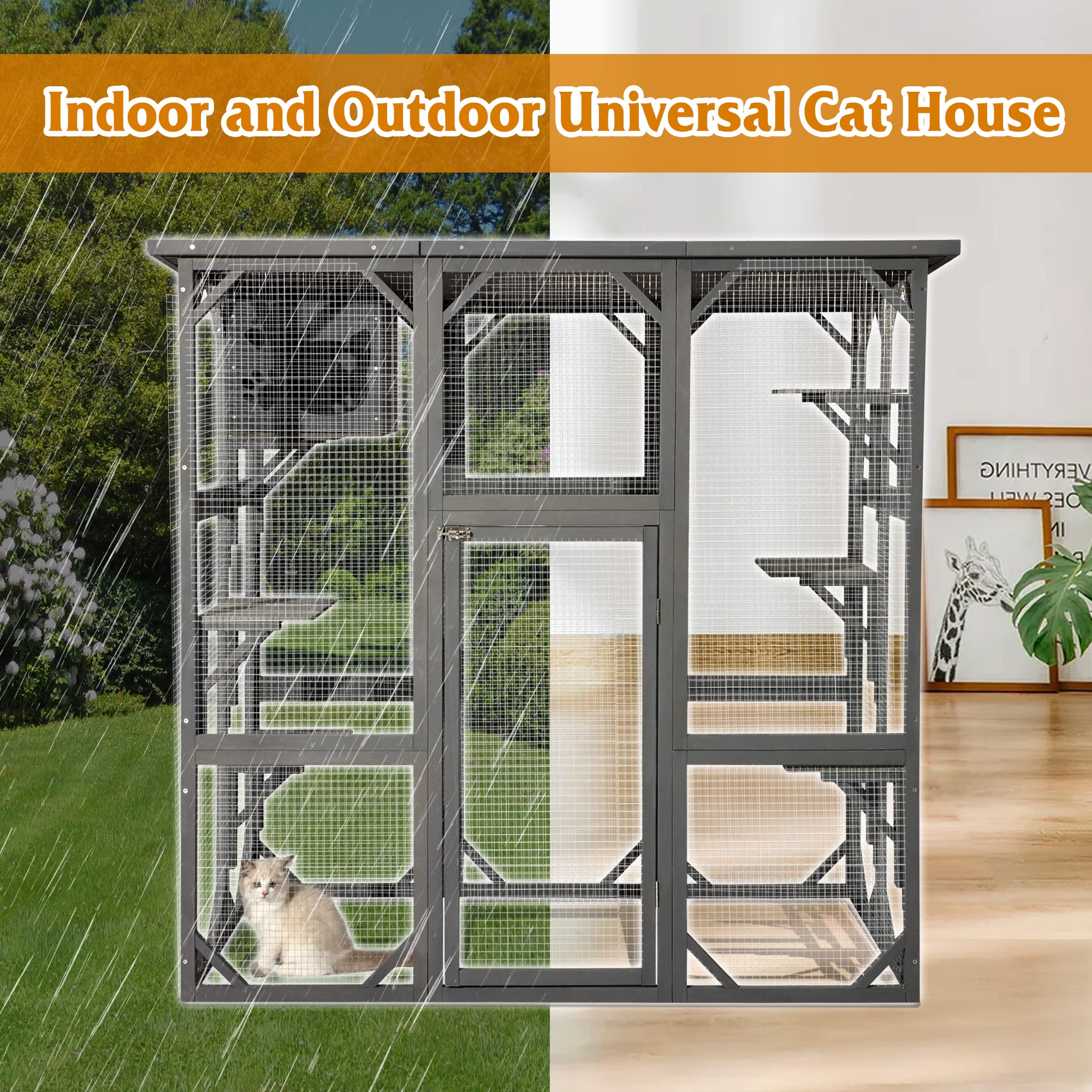 Grepatio Cat Enclosure Large Outdoor Catio Wooden Cat House With Weatherproof, Cat Cage Condo Indoor Playpen With Platform And S