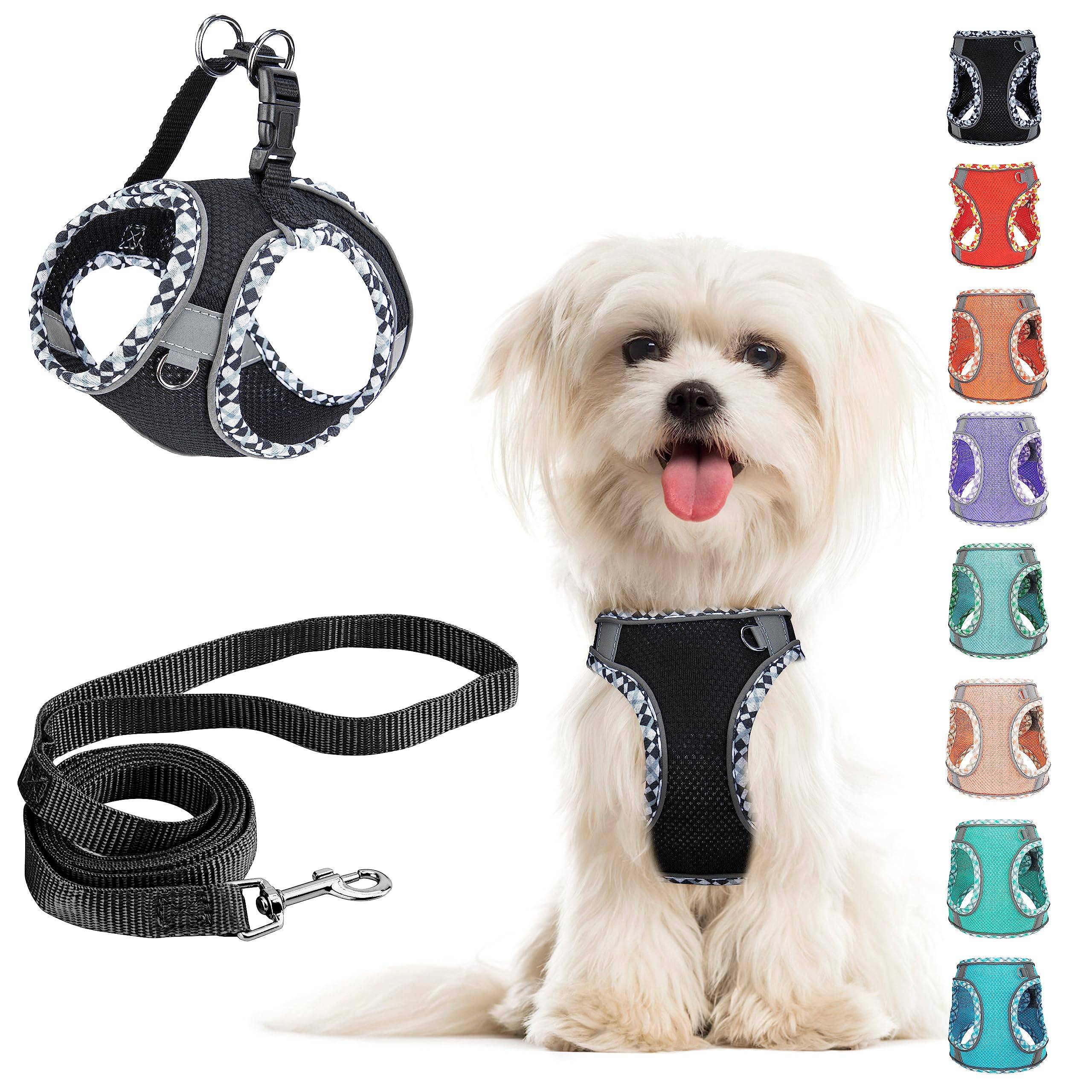 Black Leash Set - No Pull Adjustable Reflective Breathable Mesh Step-in Harness for Extra Small/Small Medium Dogs & Cats - Easy 