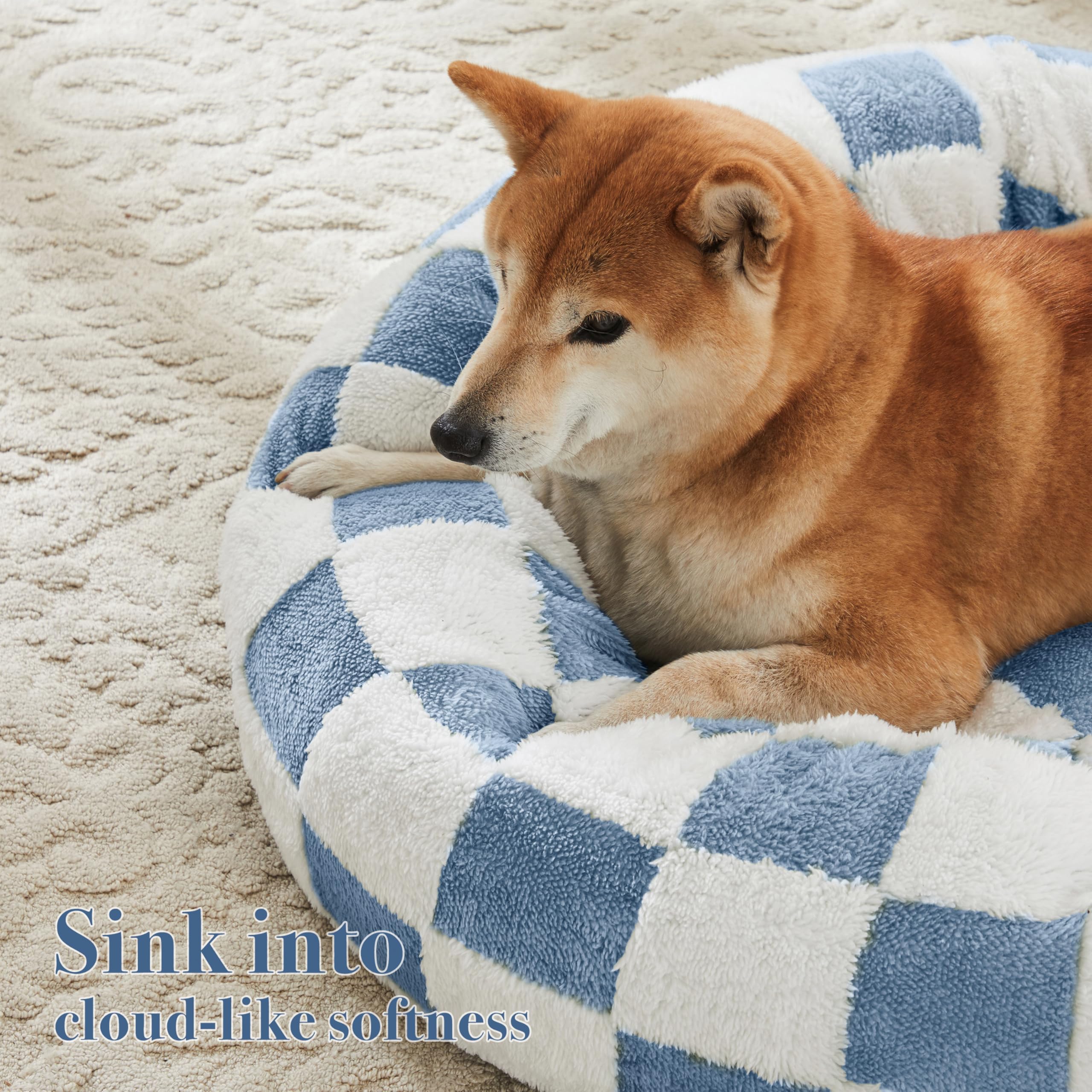 Ohocut Checkered Cat Dog Bed, Cute Blue Retro Style Aesthetic Round Warming Pet Calming Beds For Small Dog And Cats, Plush Cozy