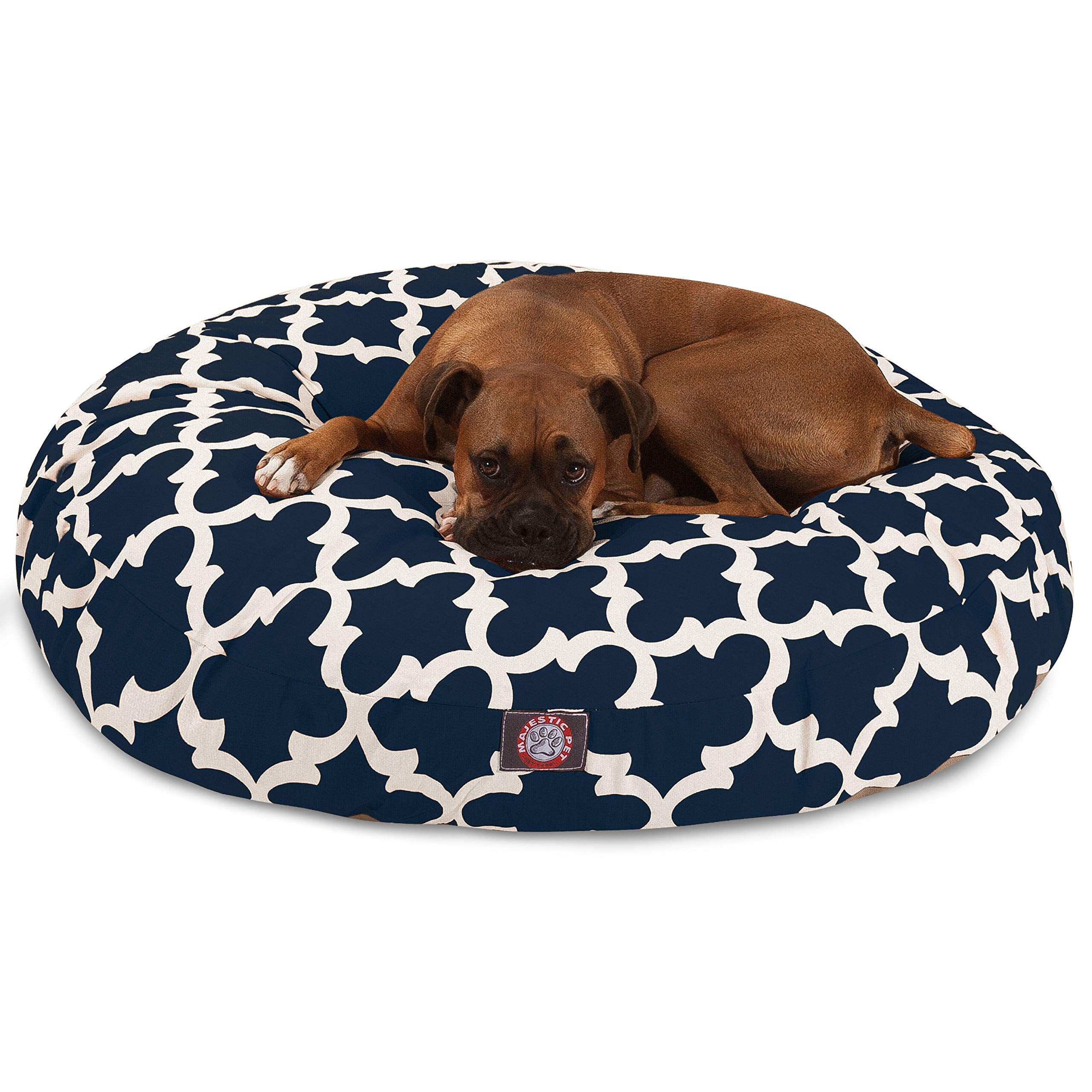 Navy Trellis Large Round Indoor Outdoor Pet Dog Bed With Removable Washable Cover By Majestic Pet Products
