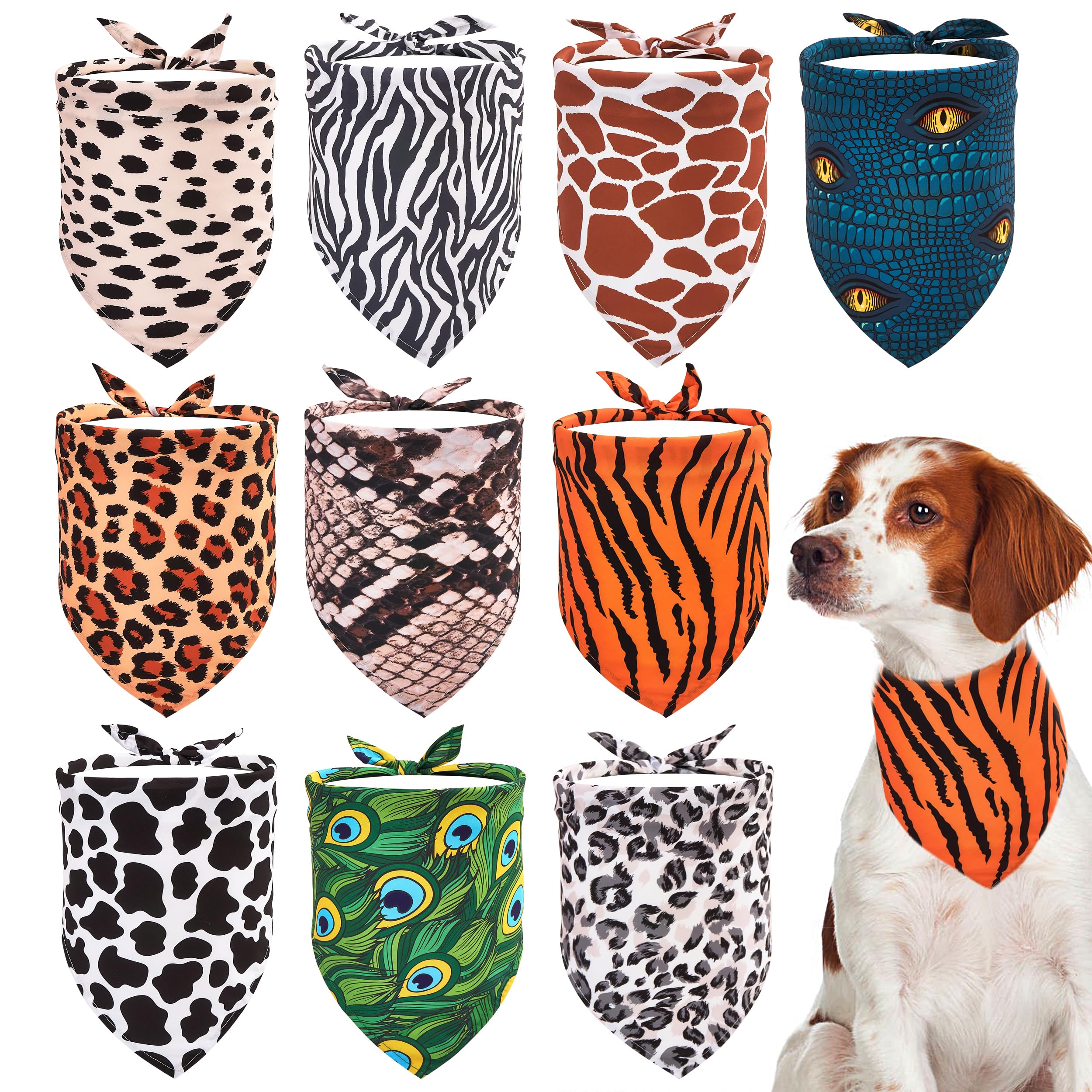 JpGdn 10PCS Dog Bandanas Large Animal Print Triangle Bibs Head Scarves Zebra Leopard Snake Tiger Peacock Cheetah Giraffe and Cow