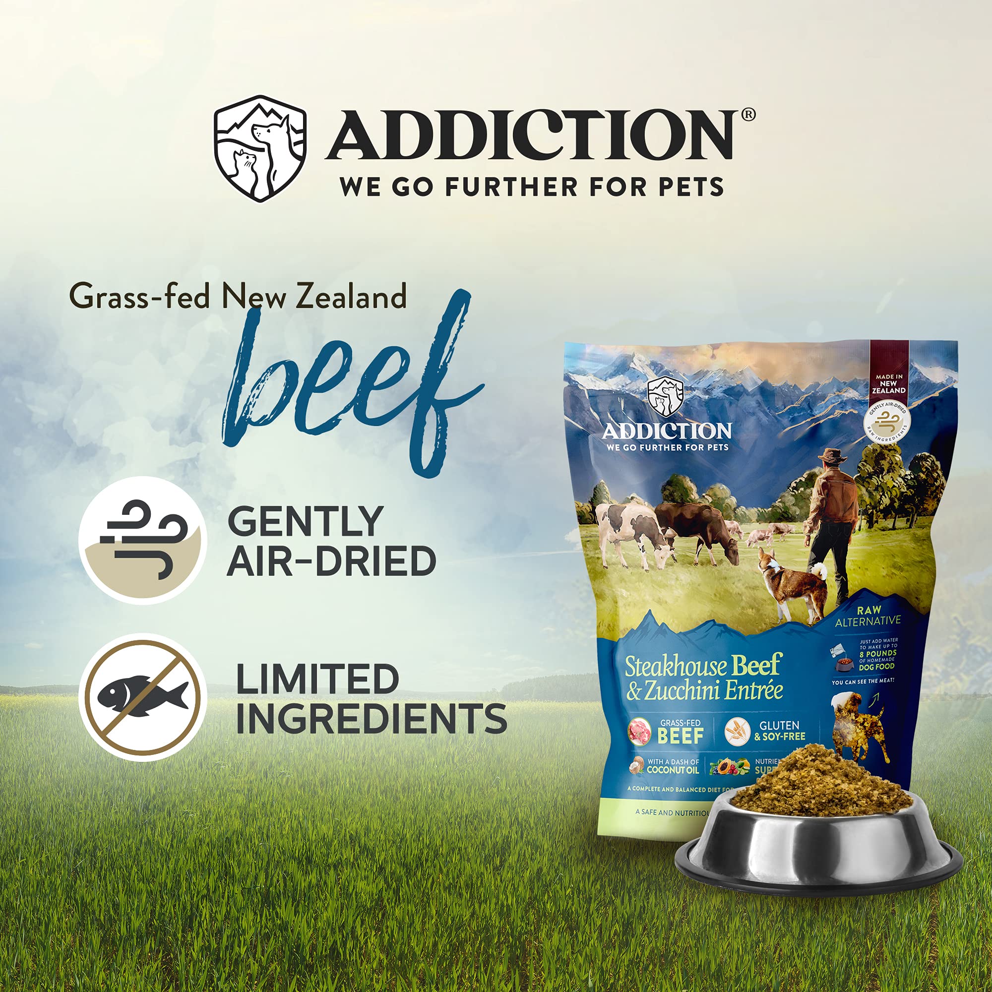 Addiction Steakhouse Beef & Zucchini Air-Dried Grain-Free Dog Food - Complete Meal or Topper with Natural Ingredients for Digest