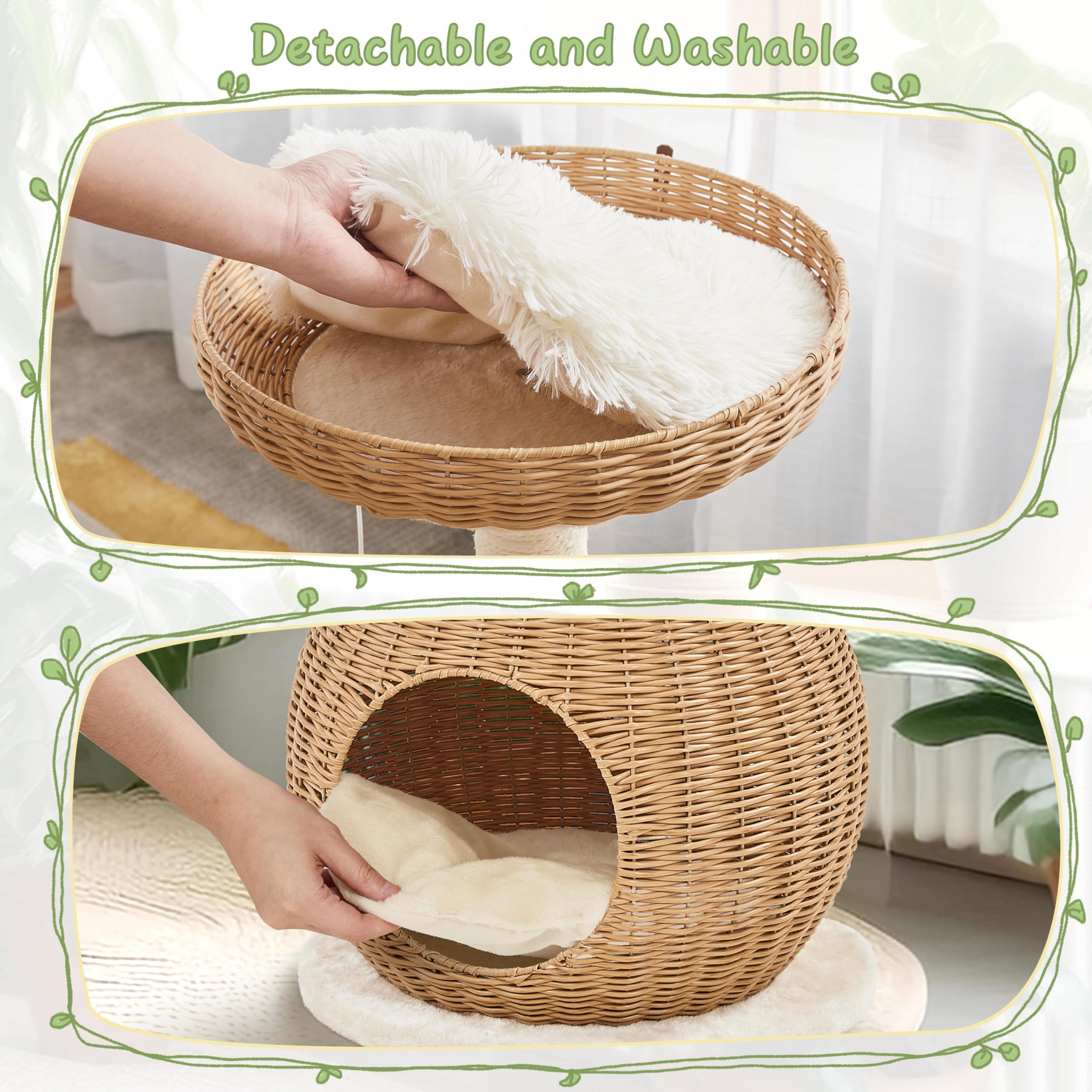 Yaheetech Cat Tree, 29.5In Rattan Cat Tower For Indoor Cats W/Scratching Post, Woven Cat Condo And Soft Cushion Top Perch, Aesth