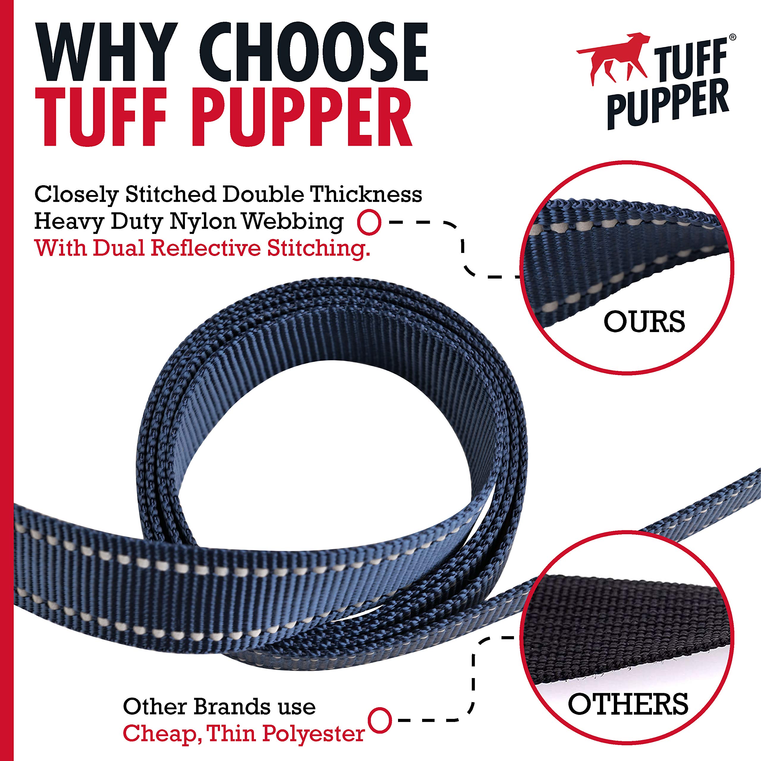 Tuff Pupper Heavy Duty Double Handle Dog Leash | Twist Locking Carabiner Dog Clip | Safety Lock Leash To Hold Strong Dogs | Reflective For Safe Night Walks | 6 Foot Dog Leash | For Medium & Large Dogs