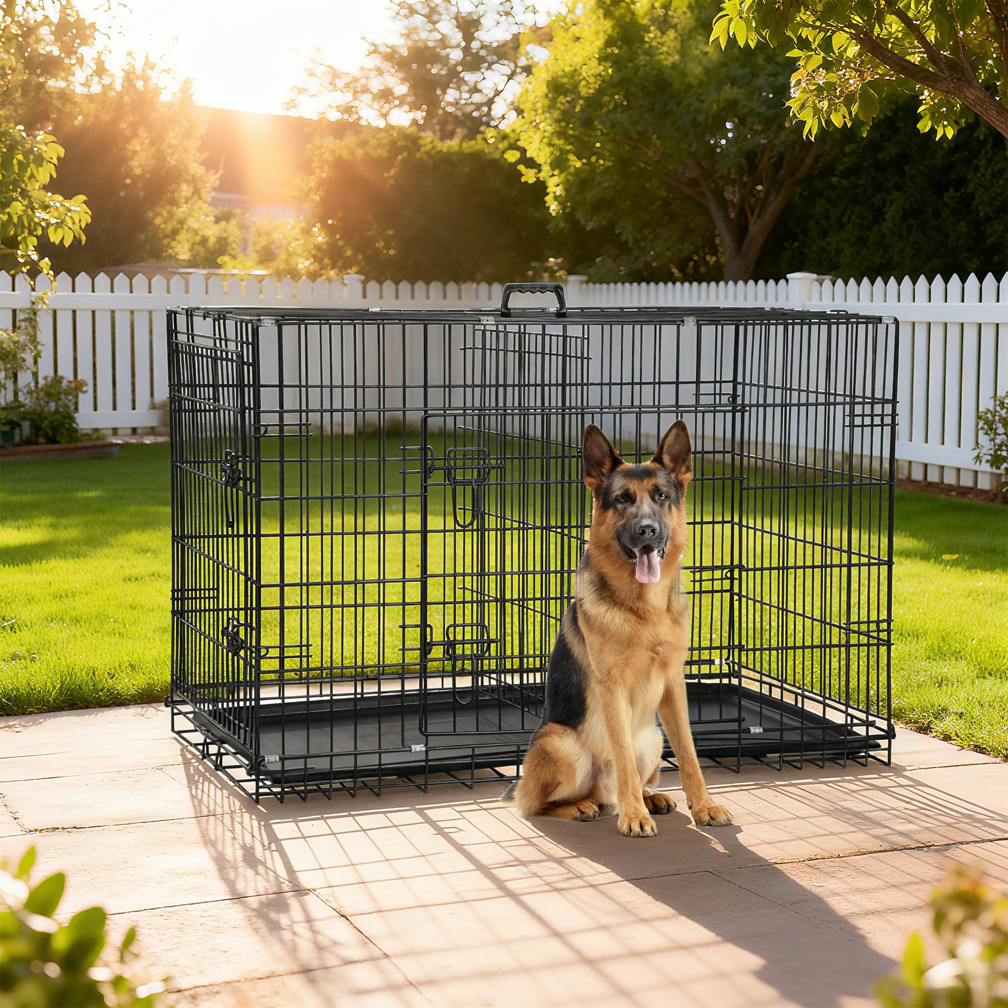 FDW Dog Crate 48-Inch Dog Cage Foldable Metal Kennel with Leakproof Tray Foldable Design Indoor Outdoor Use for XL Large Dogs,Da