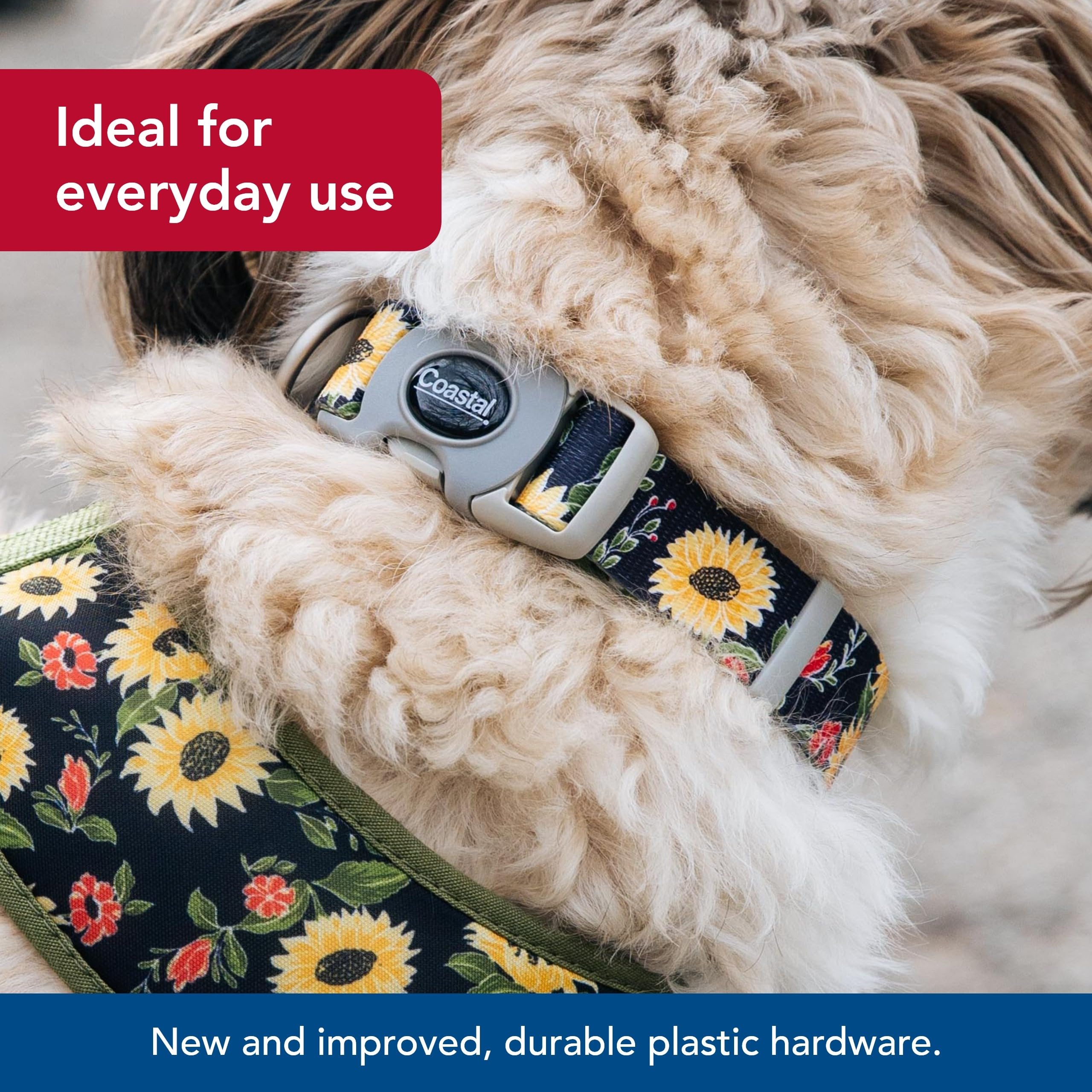 Coastal Pet Sublime Adjustable Dog Collar - Adjustable Plastic Buckle - Vibrant & Colorful Dog Collar With Fade-Resistant Patterns - Sunflower With Green Argyle, Medium - 1' X 12'-18'