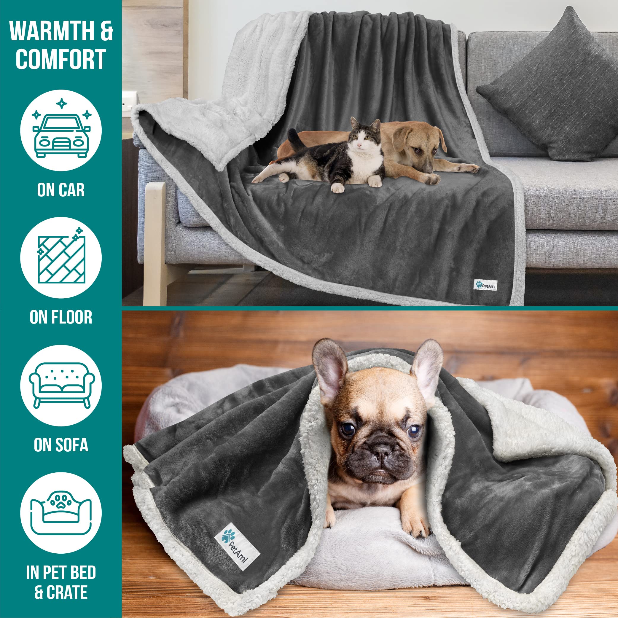 Petami Dog Blanket For Bed, Xl Pet Blanket Large Dogs, Fleece Furniture Couch Cover Protector Sofa Car Crate Kennel, Soft Sherpa Cat Throw Plush Reversible Washable, Twin 60X80 Dark Gray
