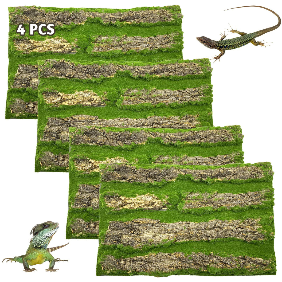 Pinvnby Reptile Terrarium Cork Background, Bearded Dragon Tank Bark Backdrop Wall Decor With Artificial Moss For Gecko Lizard Tortoise Frog Chameleon(4 Pack)