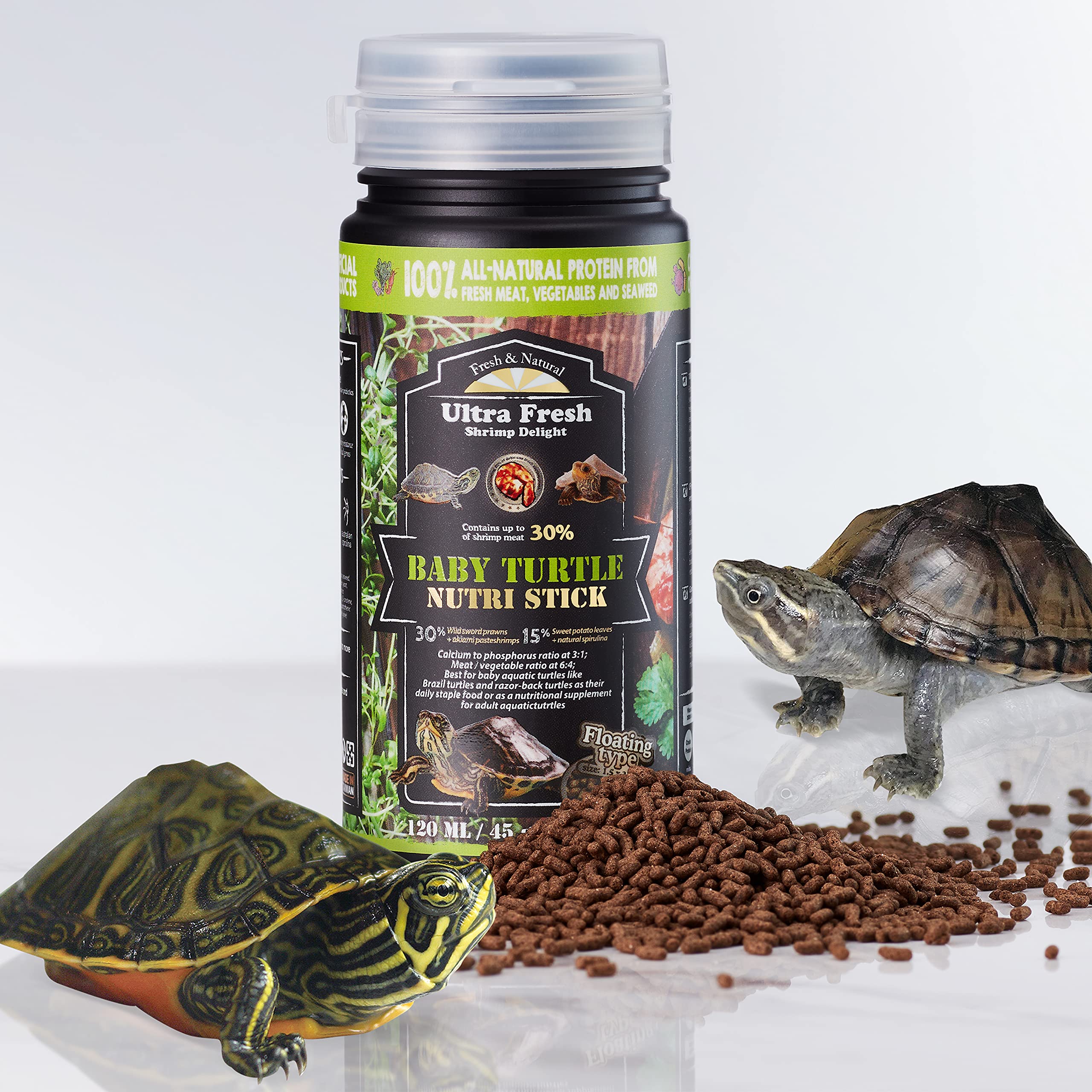 Ultra Fresh Floating Baby Turtle Food, All Natural Ingredients, Wild Sword Prawn, Calcium Vitamin D Enriched for Picky Aquatic B