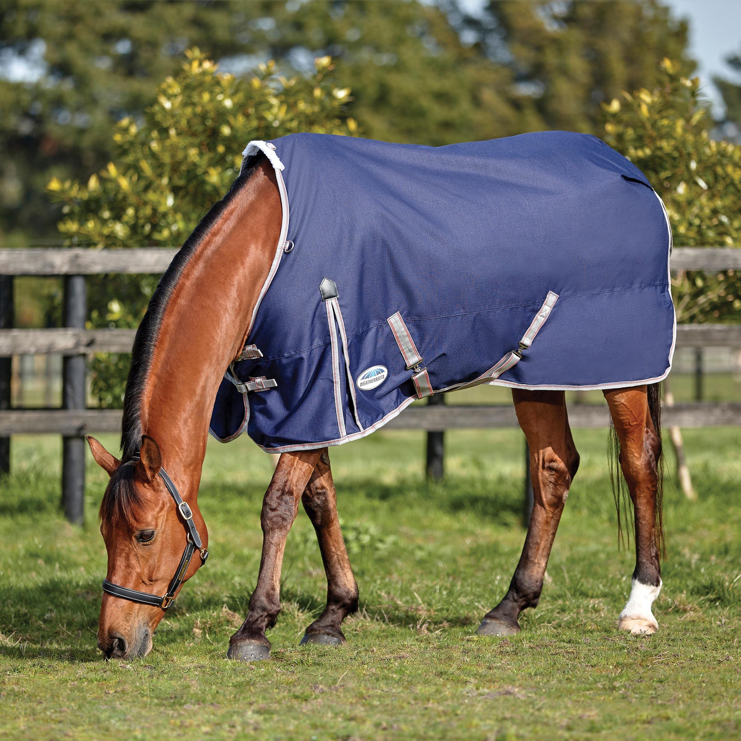 WeatherBeeta ComFiTec Essential Standard Neck Lite Horse Blanket, Navy/Silver/Red, 69