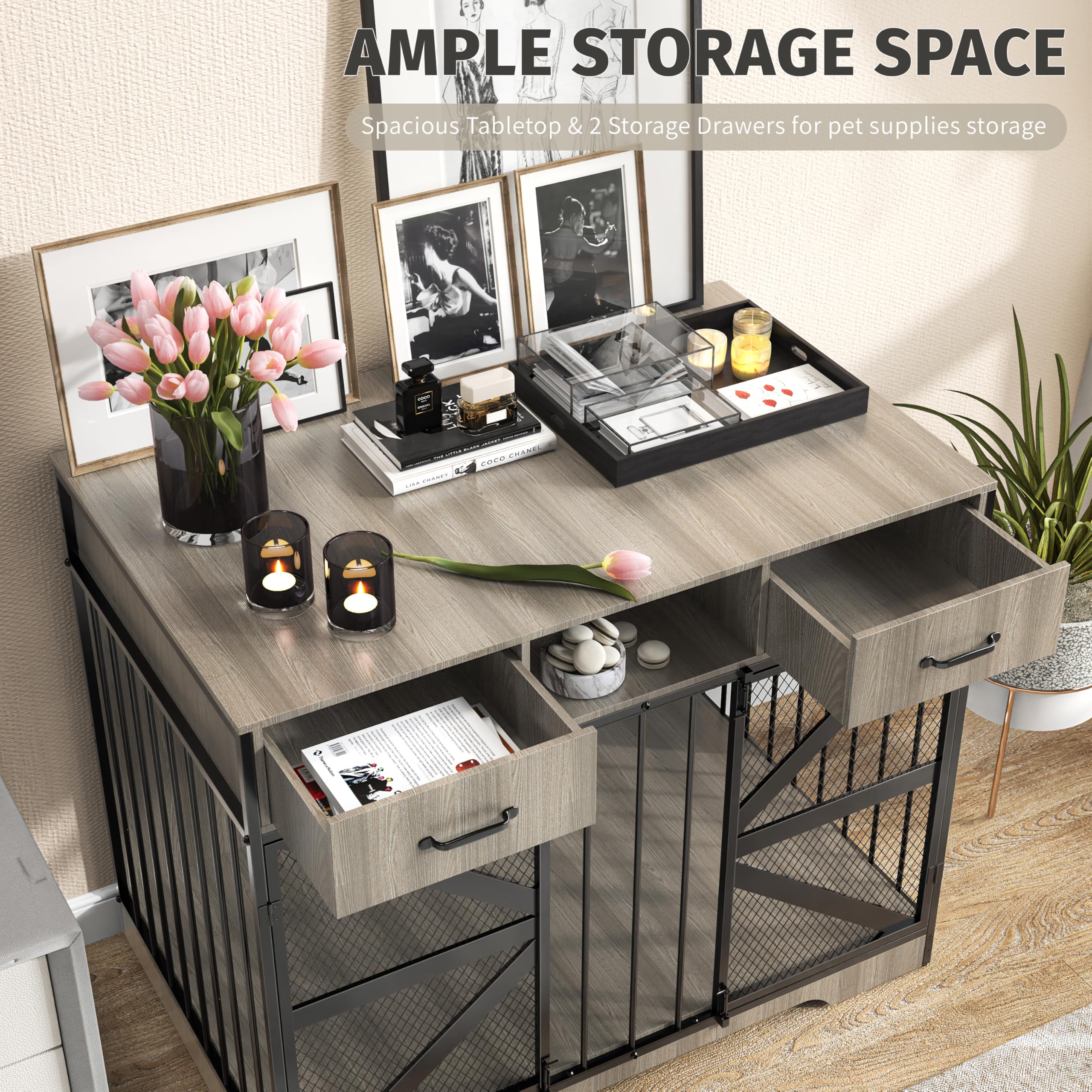 Fatmok Dog Crate Furniture, 44  Large Dog Kennel Furniture Indoor, Metal XL Dog Cage for Large/Medium Dogs, Wooden Heavy Duty De