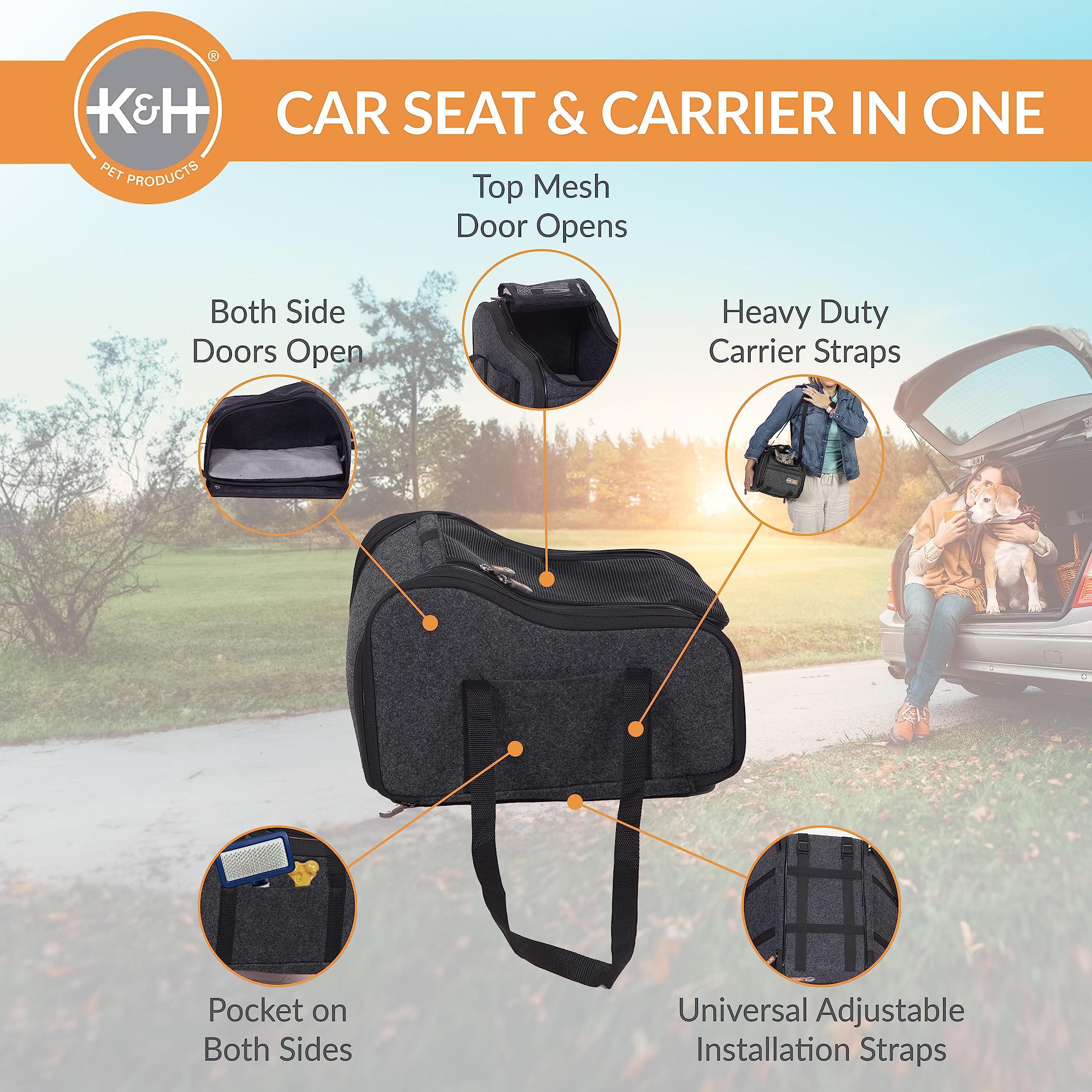 K&H Pet Products Portable Console Booster Dog Car Seat & Carrier for Small Dogs & Cats, Luxury Car Seat for Center Car Armrest I