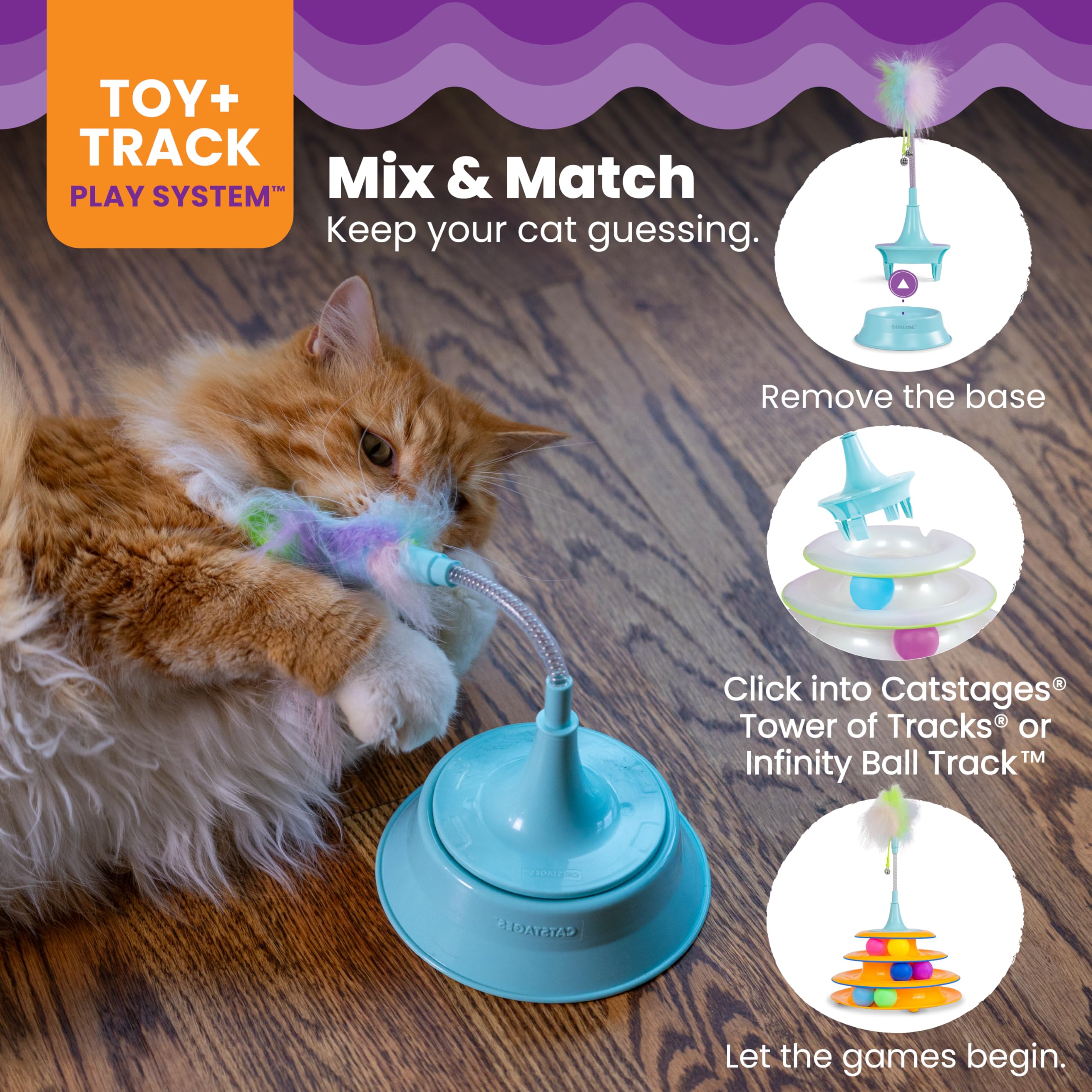 Catstages 2-in-1 Spring Teaser Cat Toy - Bouncy Ball Track with Feathers & Bells, One-Size, Blue, Model 71422