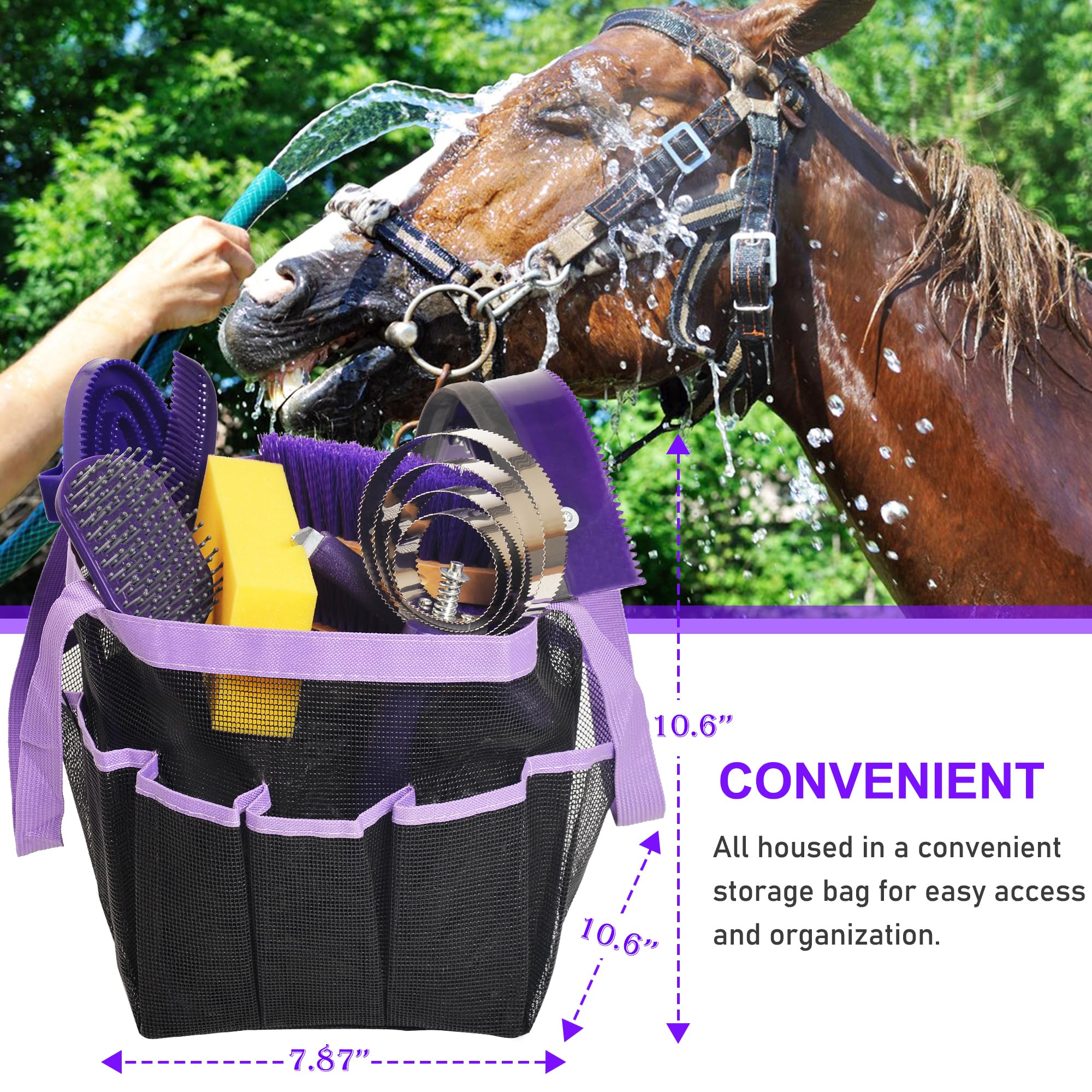 Kunbeien Horse Grooming Kit, 11 Piece Horse Bathing Supplies With Organize Bag, Horse Washing Full Body Kit, Including Sweat Scr
