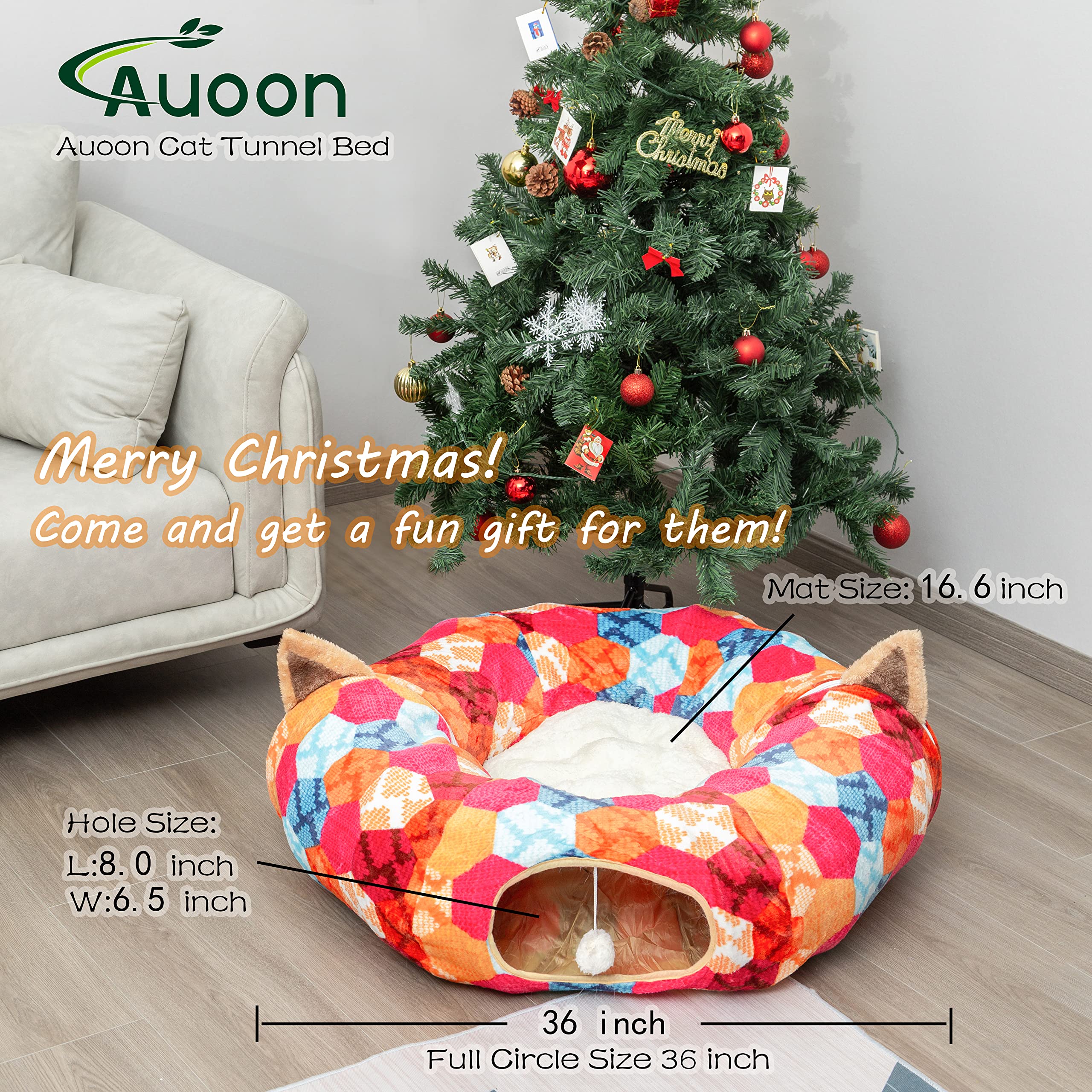 Auoon Cat Tunnel Bed With Central Mat,Big Tube Playground Toys,Soft Plush Material,Full Moon Shape For Kitten,Cat,Puppy,Rabbit,Ferret (Orange)