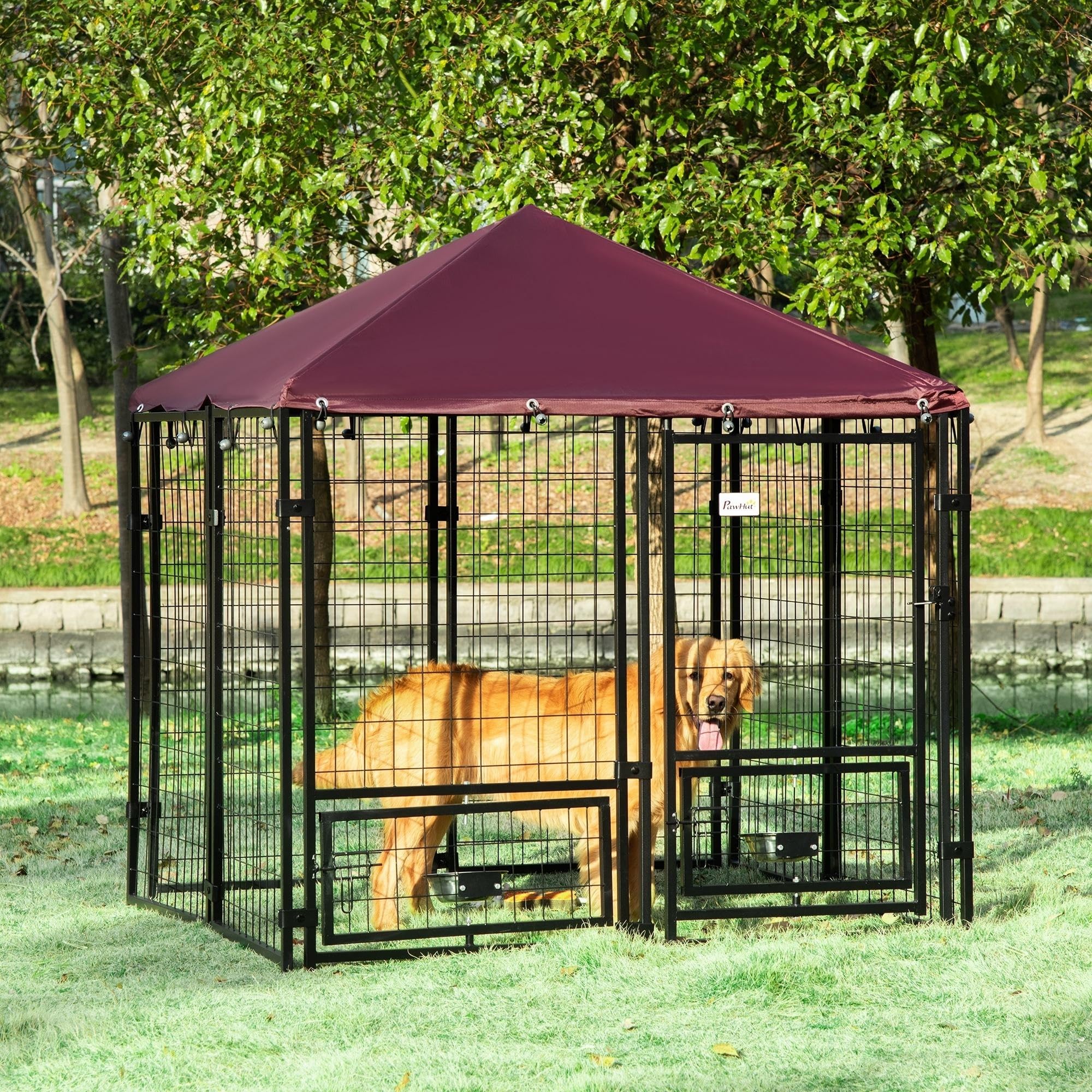 Pawhut Outdoor Dog Fence, Steel Pet Box With Lock, 2 Swivel Bowls And Oxford Fabric Cover, Kennel Black And Red
