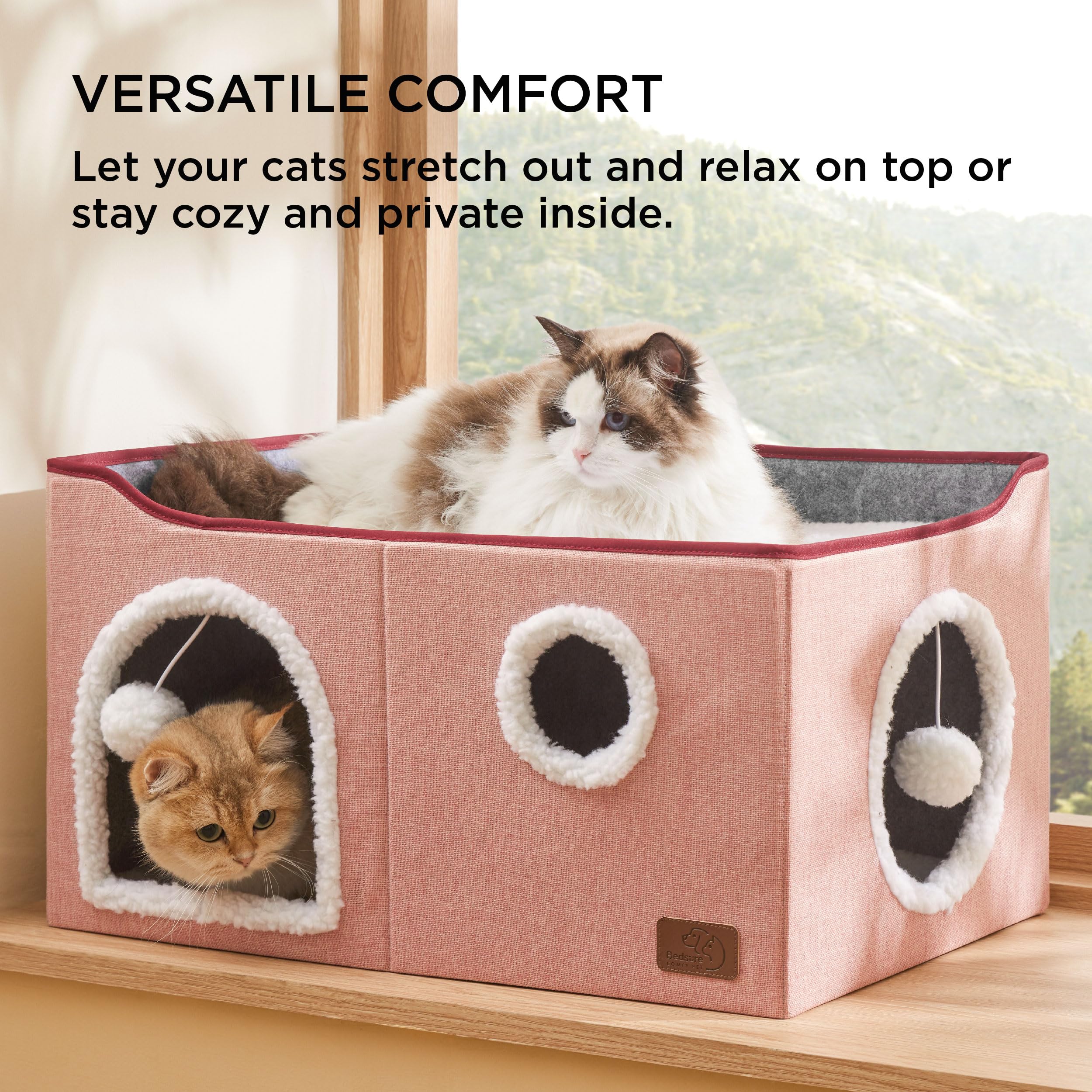 Bedsure Large Cat Beds For Indoor Cats - Extra Wide Cat Cube House For Small Pet With Fluffy Ball Hanging And Scratch Pad, Folda