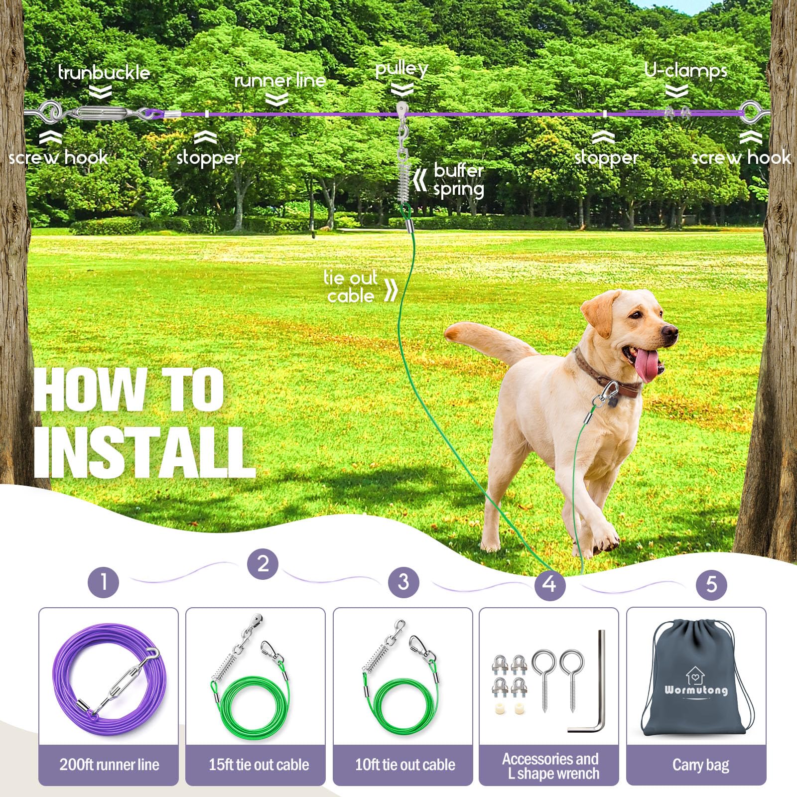 Upgraded Heavy Duty Dog Trolley System 200Ft With 10Ft & 15Ft Tie Out Cable, Outdoor Lead For Large Dogs Up To 250Lbs, Long Leas