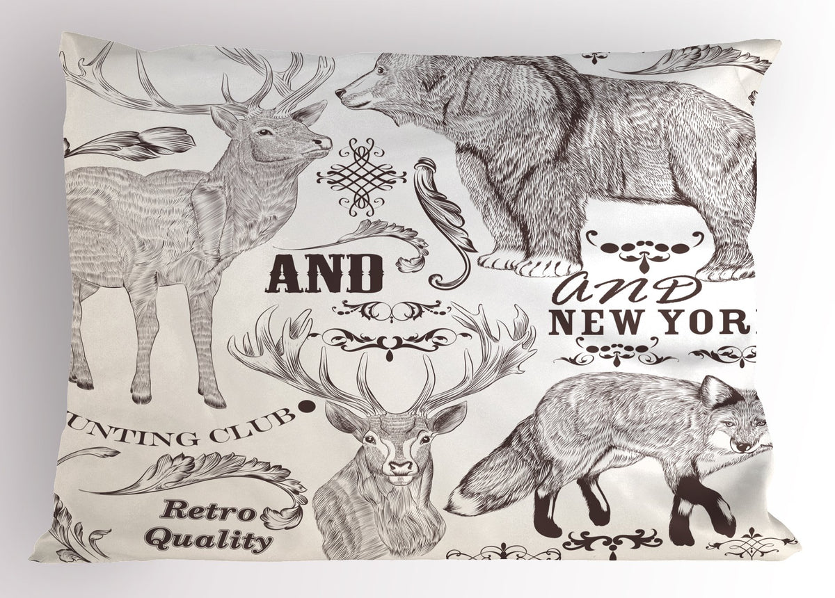 Lunarable Cabin Pillow Sham, Group Of Sketchy Wild Animals With Retro Style Floral Ornaments Fox Bear Deer, Decorative Standard 