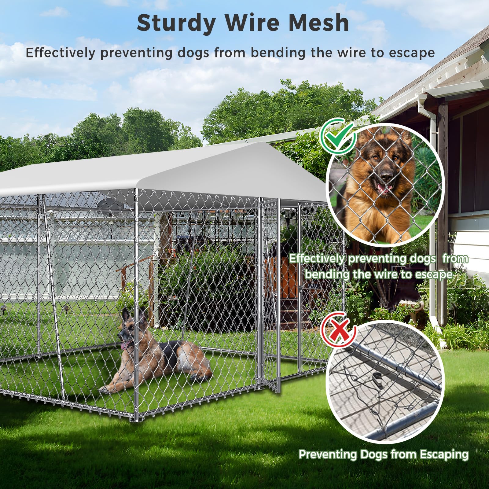 Lyromix Upgraded 10  10  7Ft Outdoor Dog Kennel With Roof, Large Dog House Pen Enclosure With Sidebar, Heavy Duty Chain Link Ken