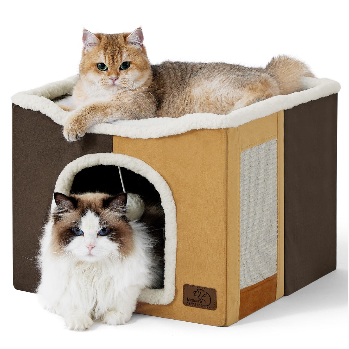 Bedsure Cat Beds For Indoor Cats - Large Cat Cave For Pet Cat House With Fluffy Ball Hanging And Scratch Pad, Foldable Cat Hideaway,16.5X16.5X13 Inches, Burnt Honeycomb