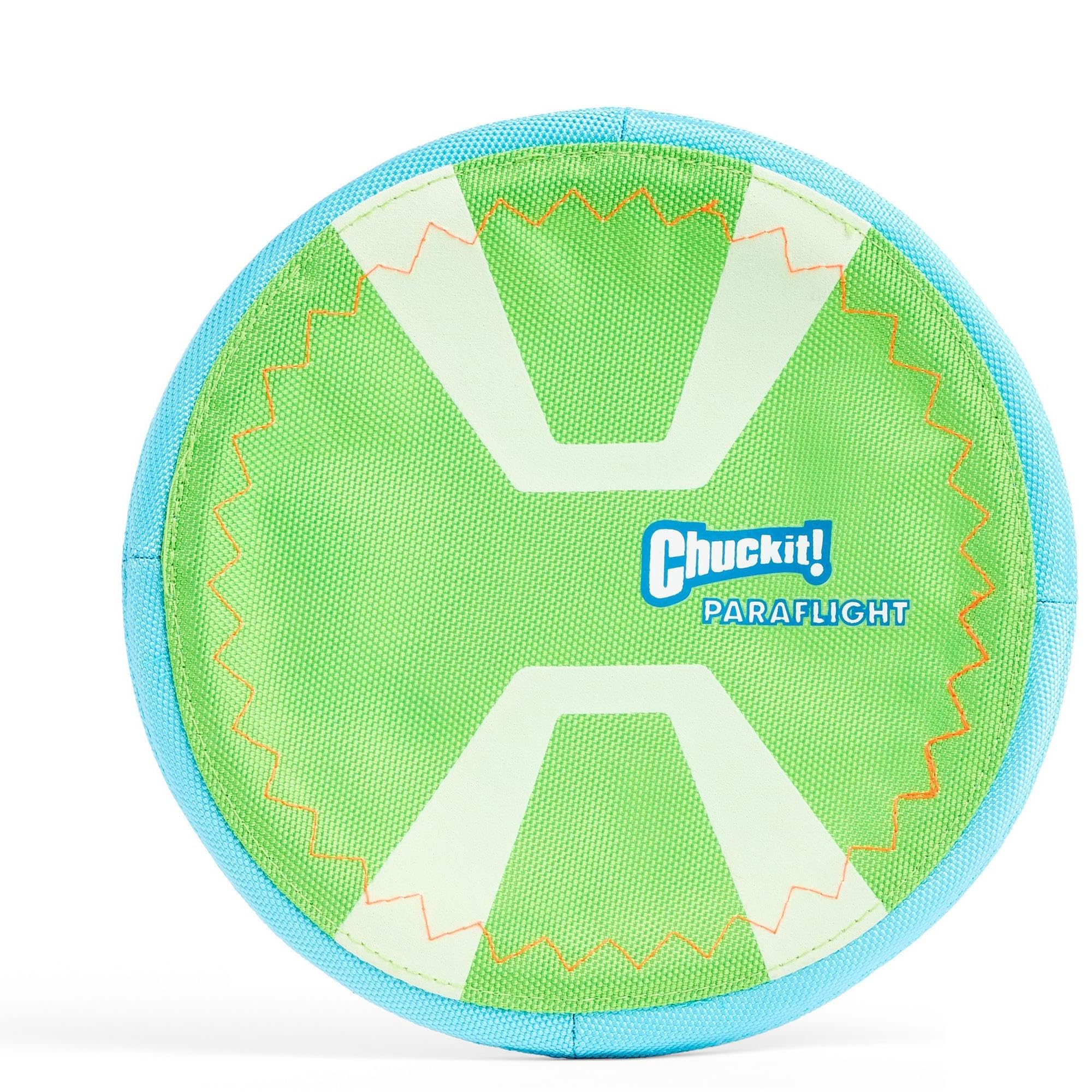 Chuckit! Max Glow Paraflight Flying Disc Dog Toy - Water Floating Flyer - Durable Nylon Construction With Soft Rubber Edges - For Medium And Large Dogs - Size Large - 9.75' L X 9.75' W - Pack Of 1