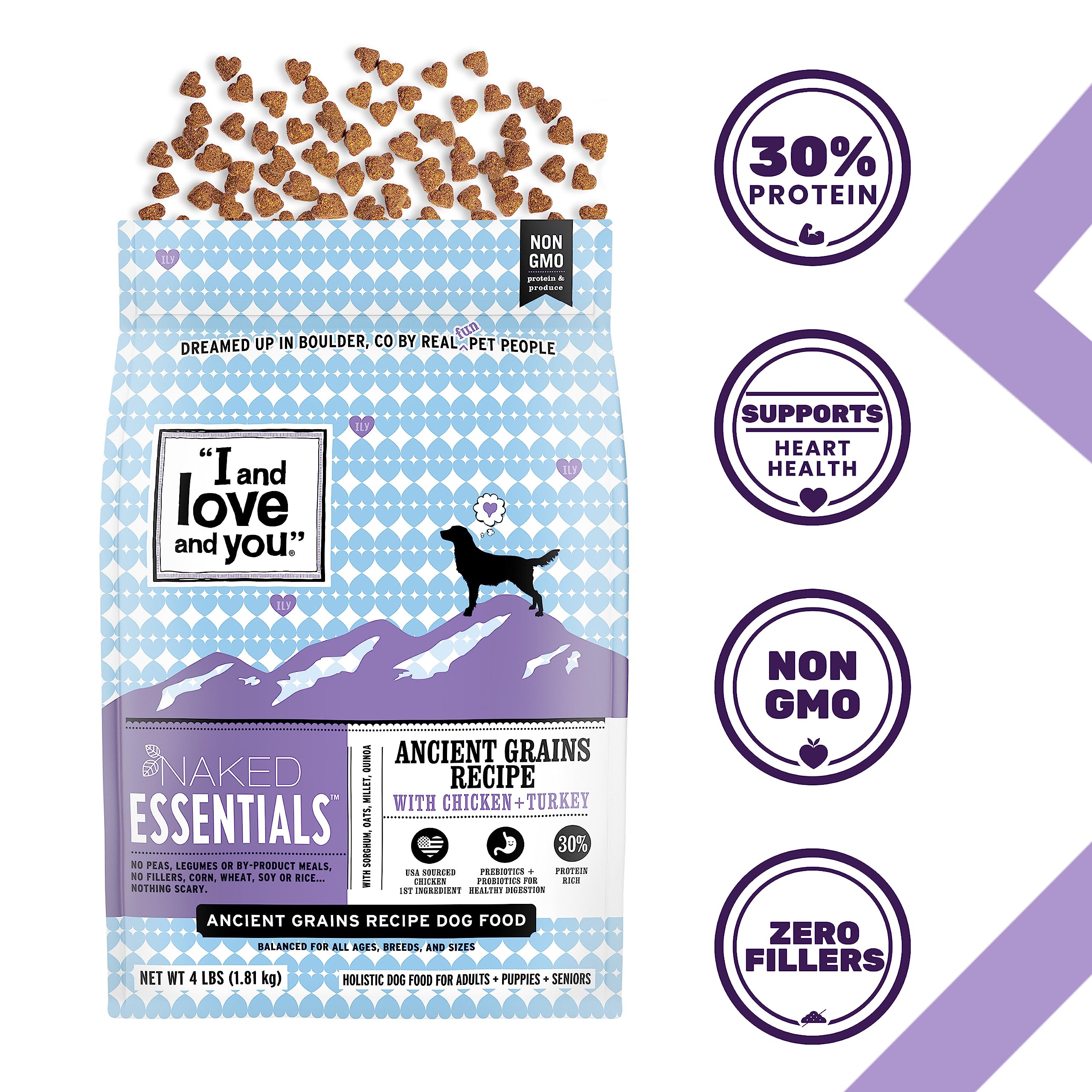 I and love and you Naked Essentials Ancient Grains Dry Dog Food - Chicken + Turkey - High Protein, Real Meat, No Fillers, 4lb Ba