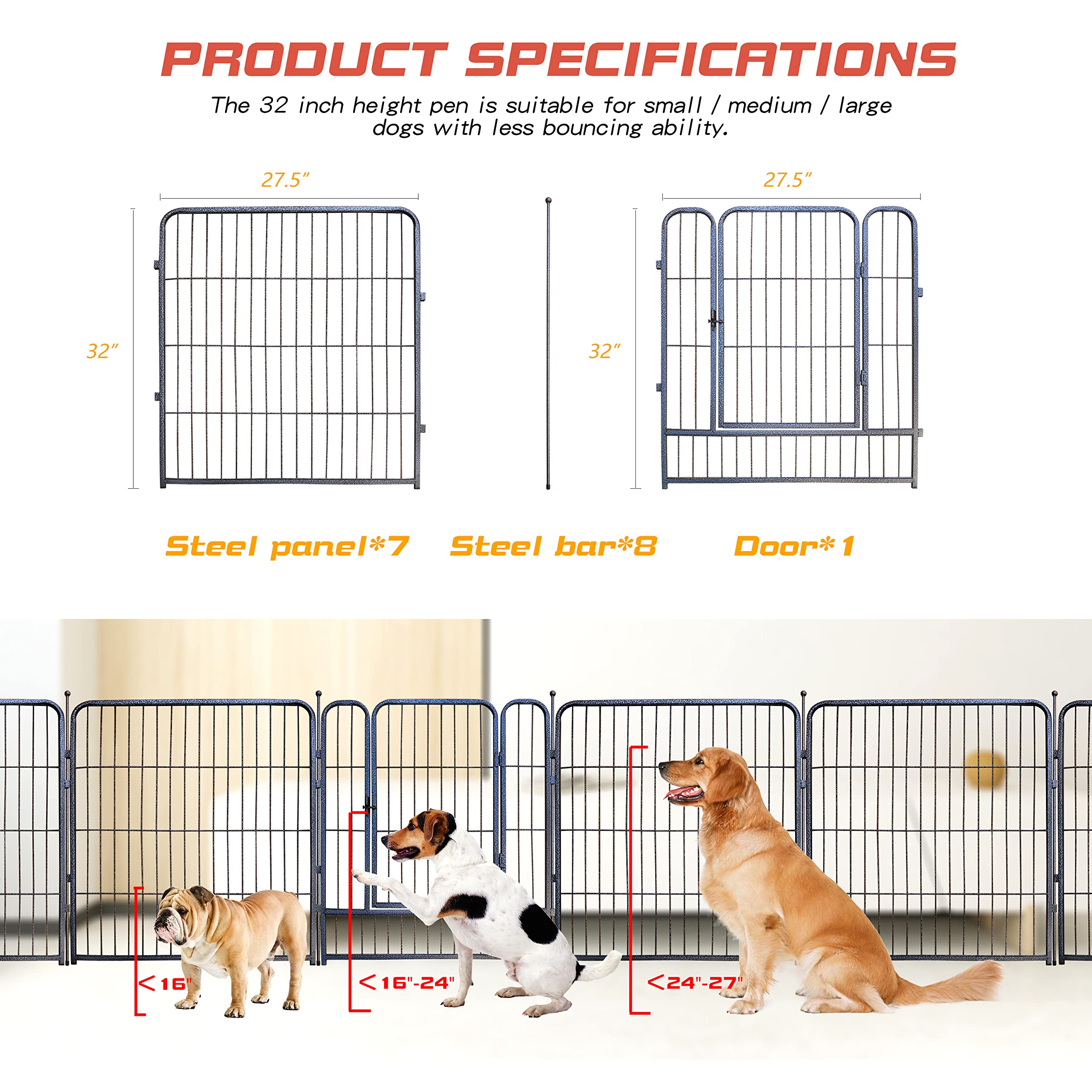 Dog Playpen,24/32/40 Inch Height In Heavy Duty,Folding Indoor Outdoor Dog Exercise Fence, Portable Pet Playpen With Door For Large Medium Dogs - Silver Gray (8 Panels, 32 Inch)