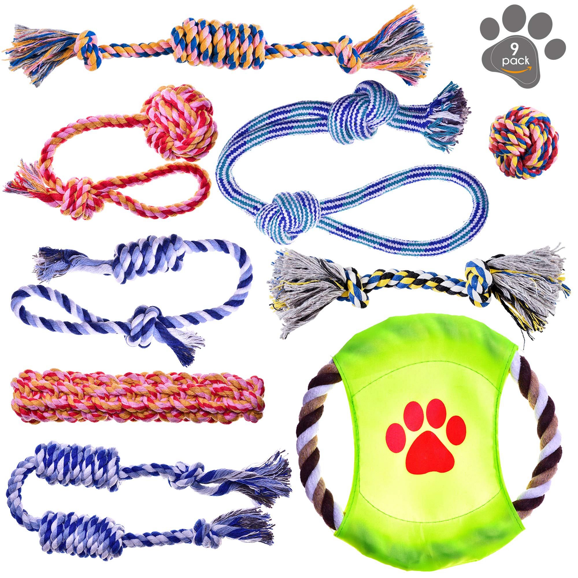Pets&Goods Heavy Duty Rope Toy For Active Chewers, Washable 100% Cotton Dog Chew Toys - Tug Of War, Pack Of 9 Puppy Teething Toy