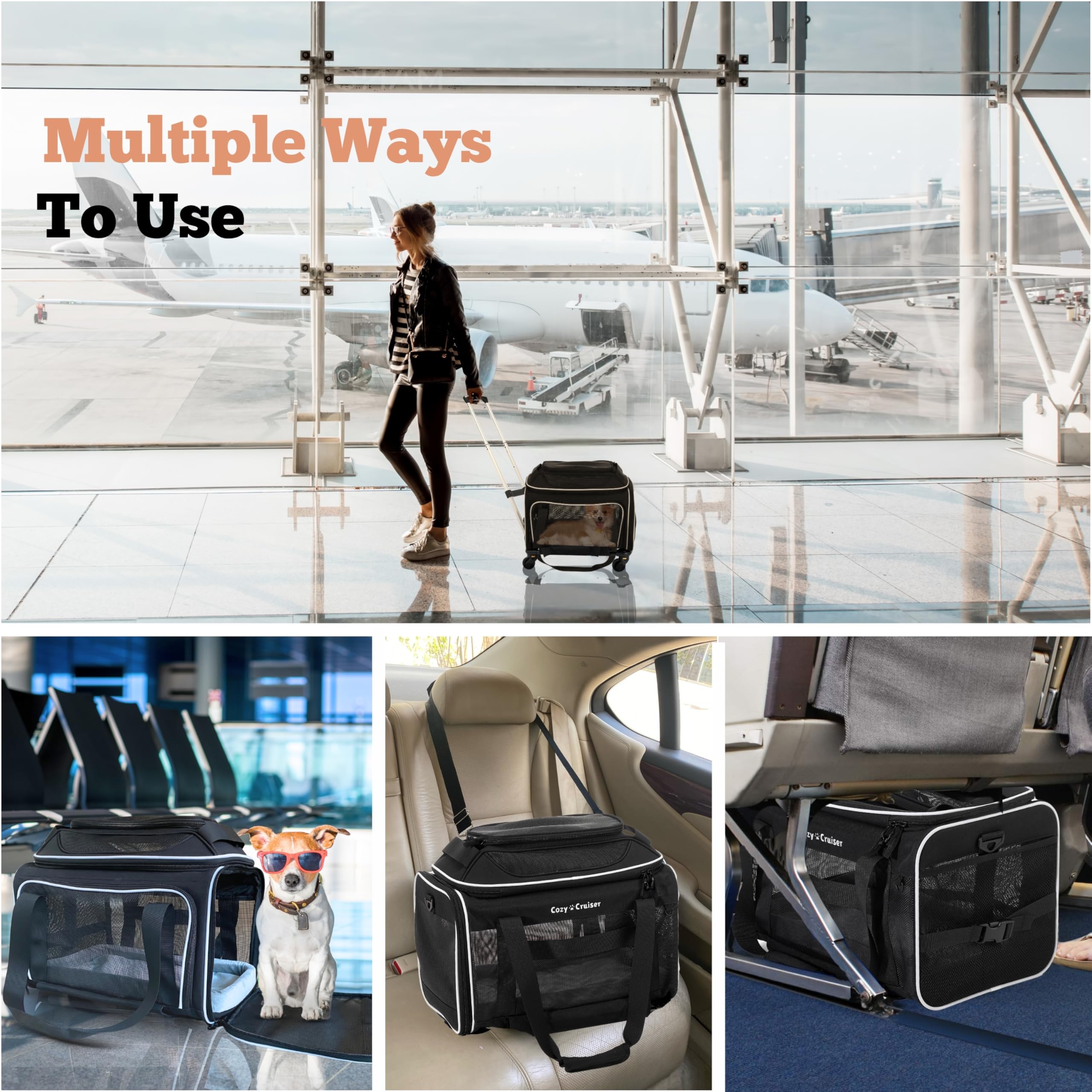 Cozy Cruiser Airline Approved Top-Expanding Pet Carrier on Wheels- Extra Spacious Soft Lined Carrier! 18x11x11 (Original Mesh Si