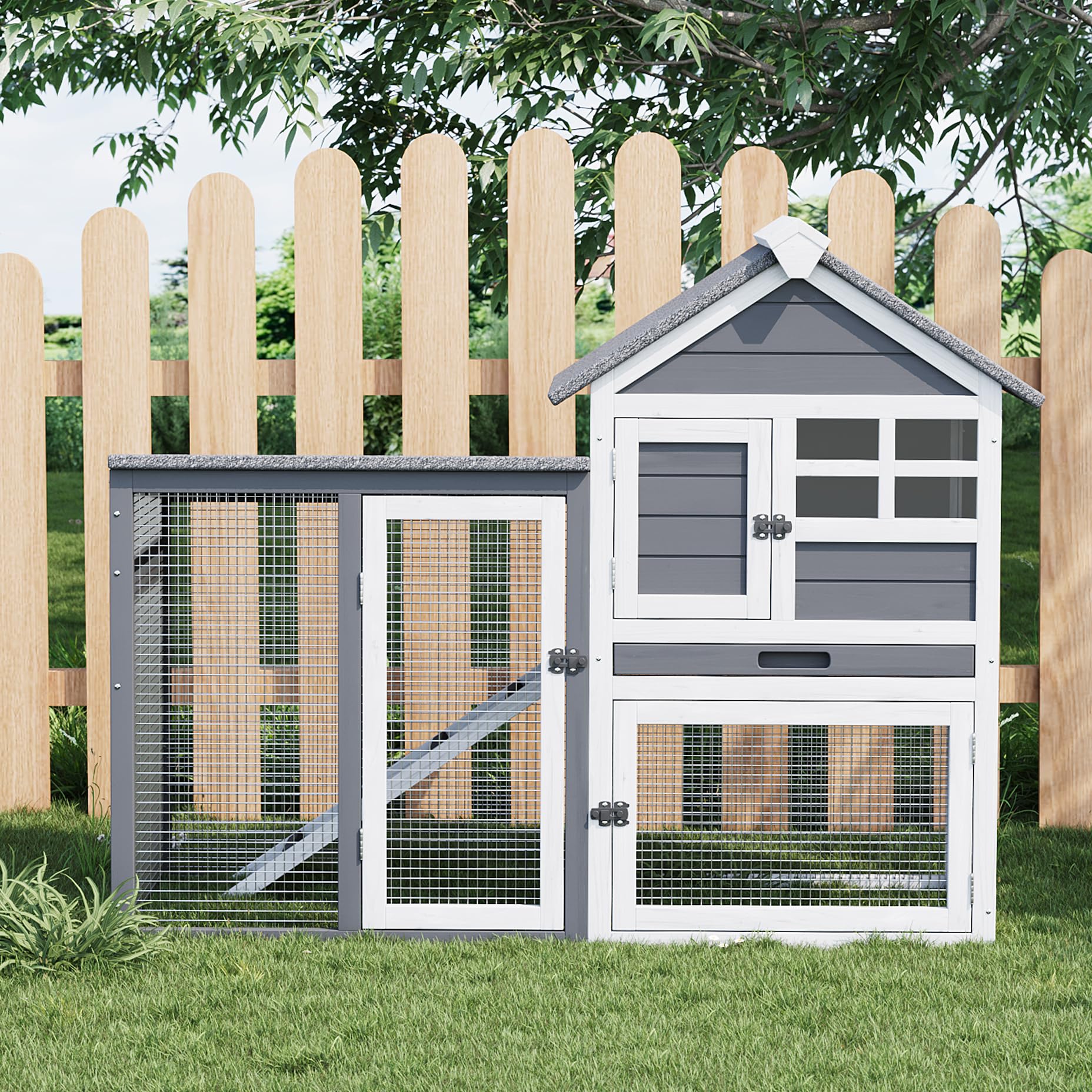 2-Story Rabbit Hutch, Small Wooden Chicken Coop, with Waterproof Roof, Pull Out Tray and Anti-Slip Ramp, Bunny Cage for Indoor O