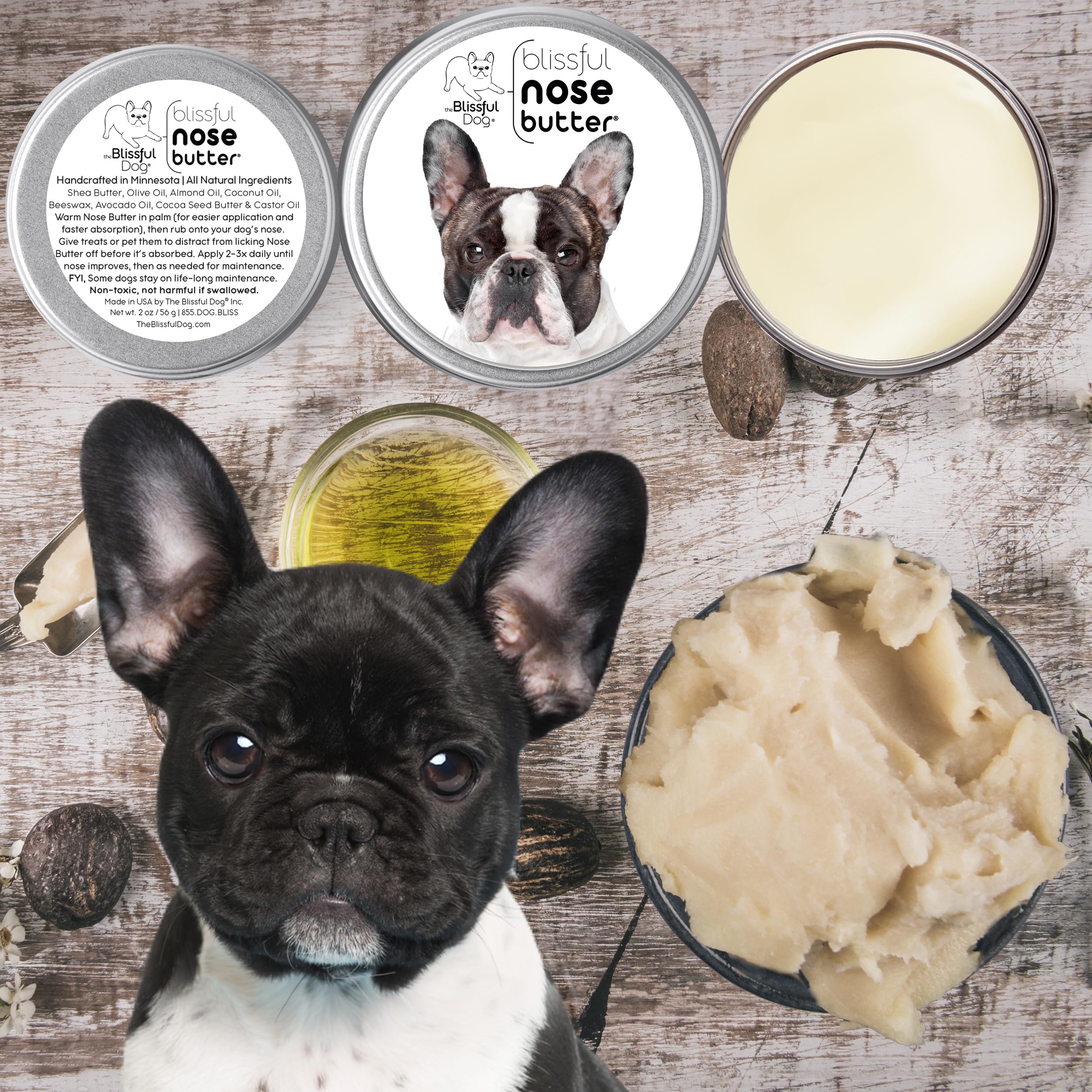 The Blissful Dog Pied French Bulldog Nose Butter, Versatile Dog Nose Balm for Dry Nose, Handcrafted Nose Moisturizer, Easy-to-Ap