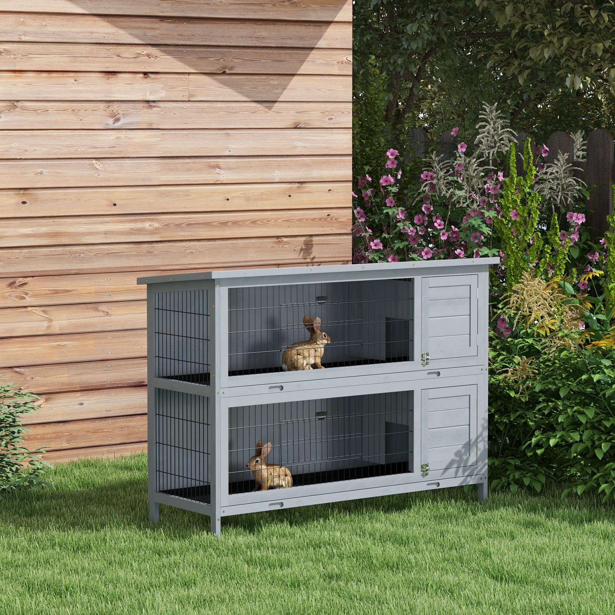 PawHut 54 2-Story Large Rabbit Hutch Bunny Cage Wooden Pet House Small Animal Habitat with Lockable Doors, No Leak Tray and Wate