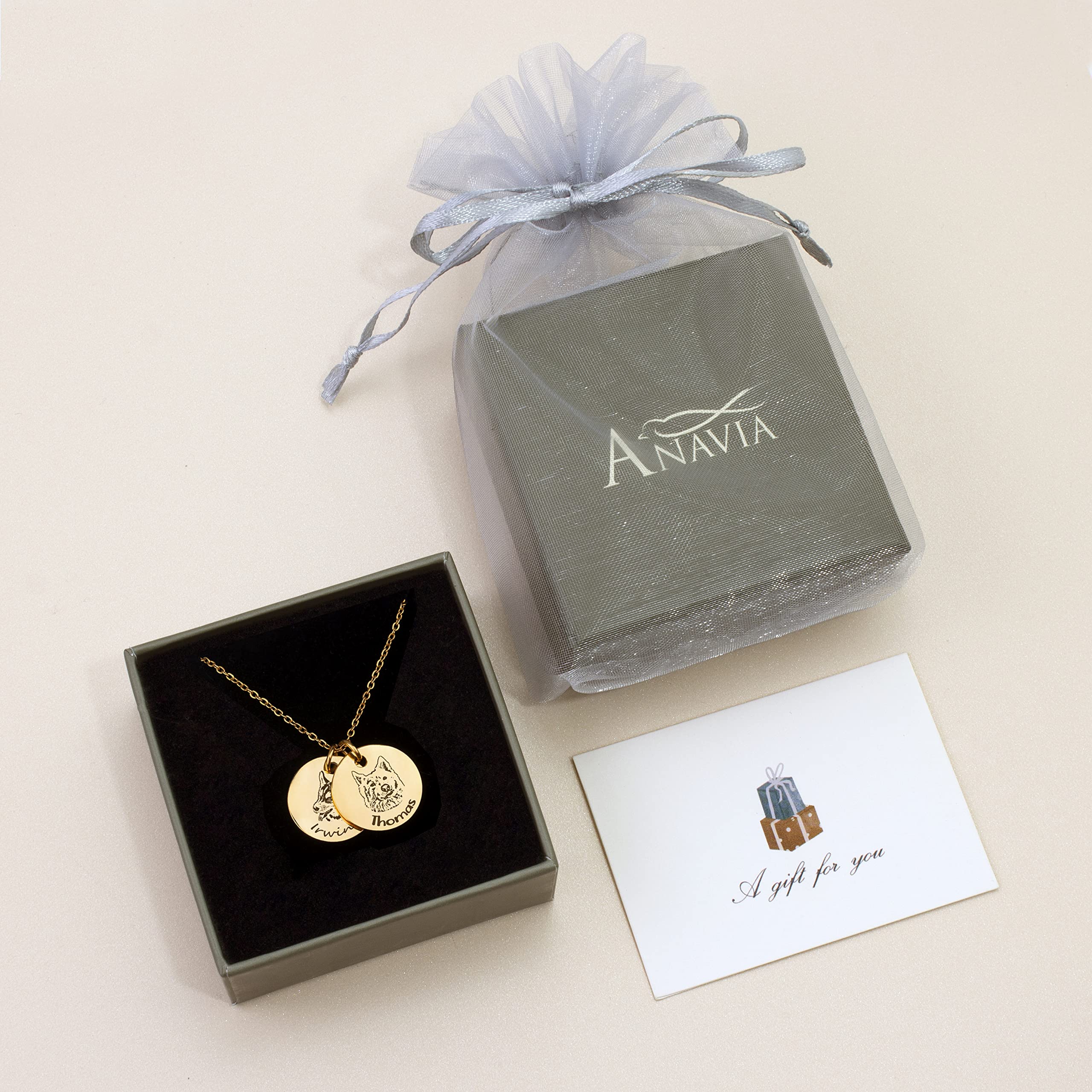 Anavia Personalized Pet Portrait Necklace, Handmade Dog Cat Memorial Jewelry Gift, Customized Round Disc Photo Engraved Necklace