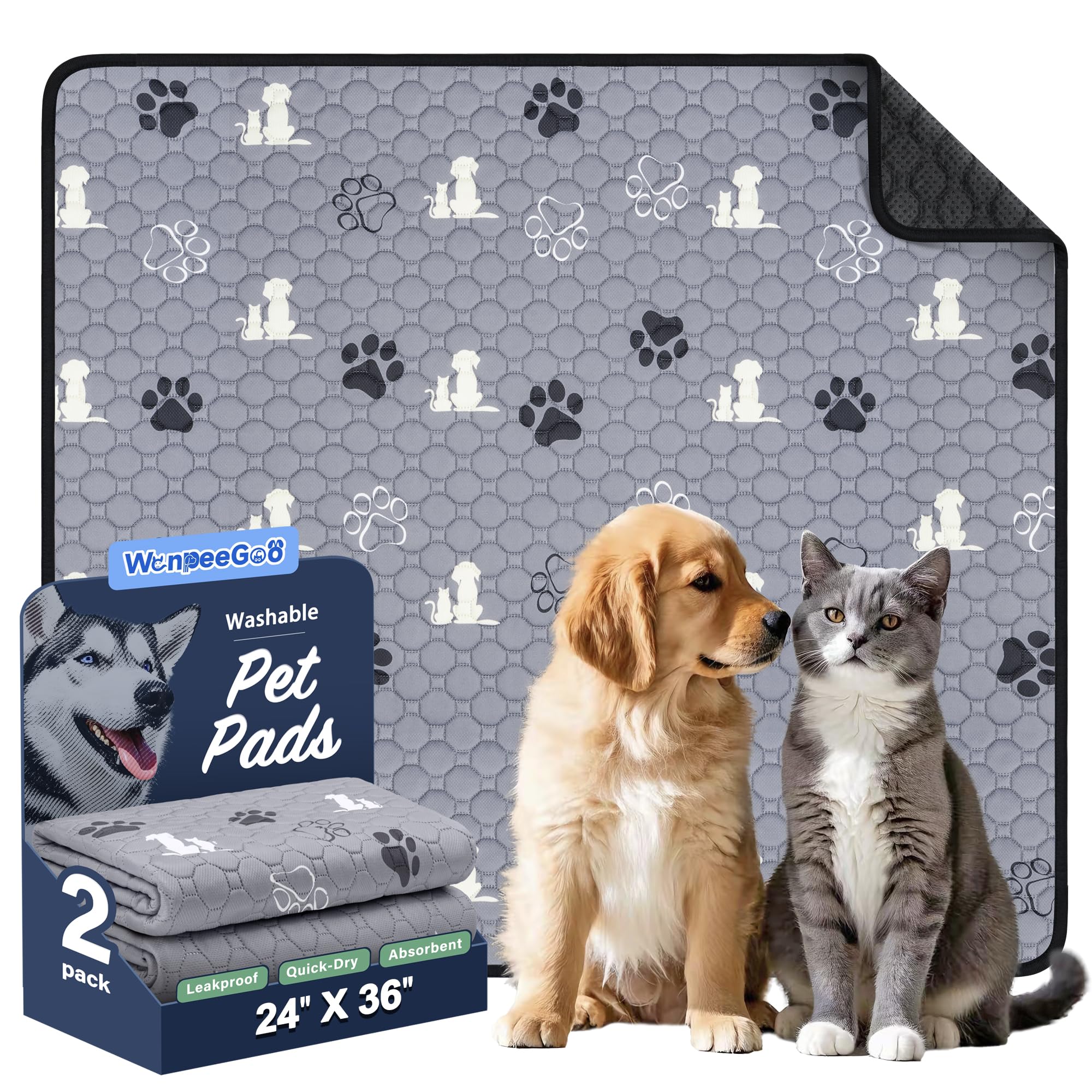 WanpeeGoo Washable Pee Pads for Dogs Mat, 2 Pack Absorbent Reusable Training Dog Pads Pet Puppy Pads, Non-Slip Potty Pads for Wh