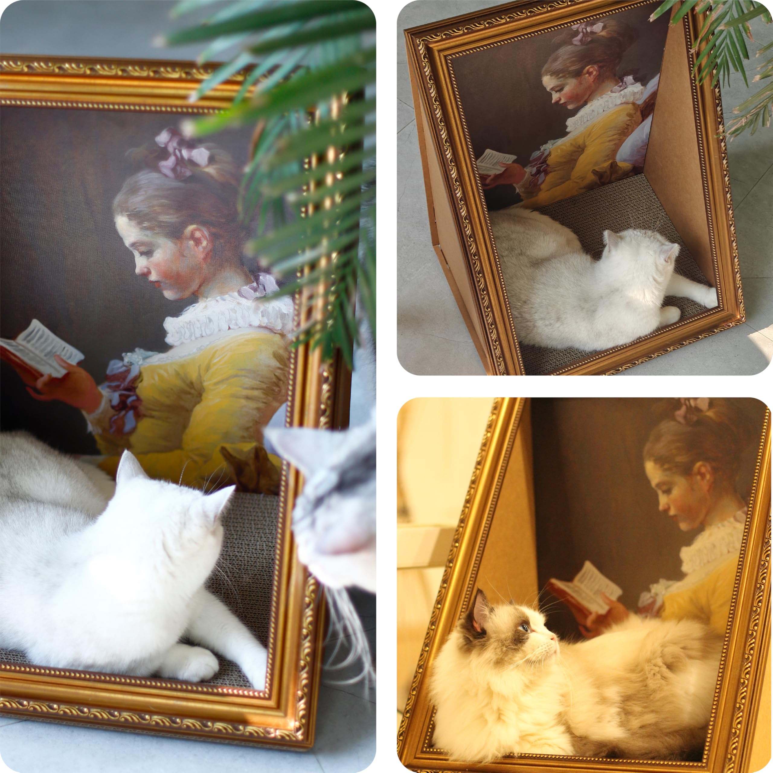 Cat Living In Famous Painting - Double-Sided Oil Painting Cat House With Scratcher Vintage Art Picture Frame Cardboard House Eas