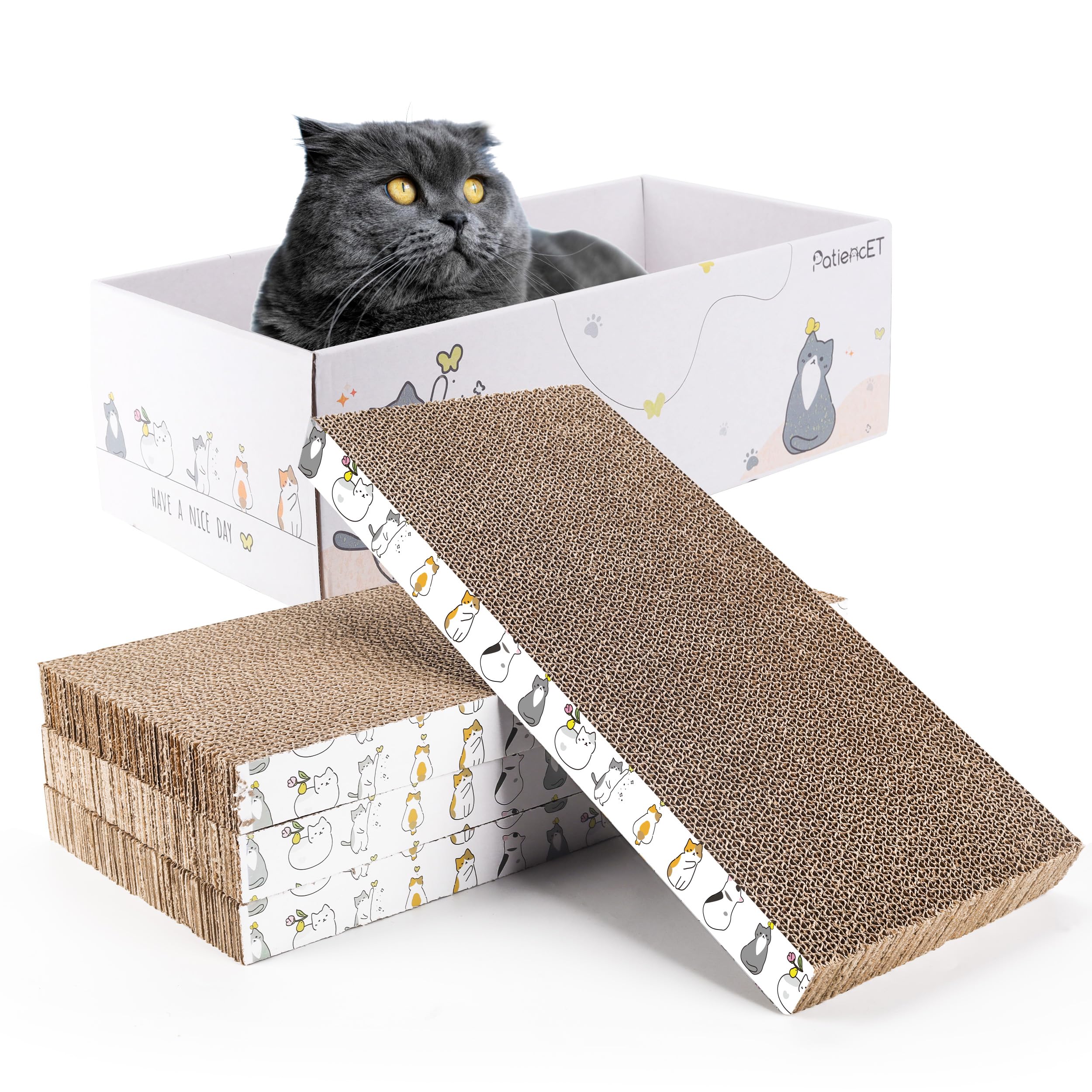 Patiencet 4 Pack Cat Scratch Pad With Box, Cardboard Cat Scratcher For Indoor Cats, Reversible Scratcher With Catnips Box Bed De