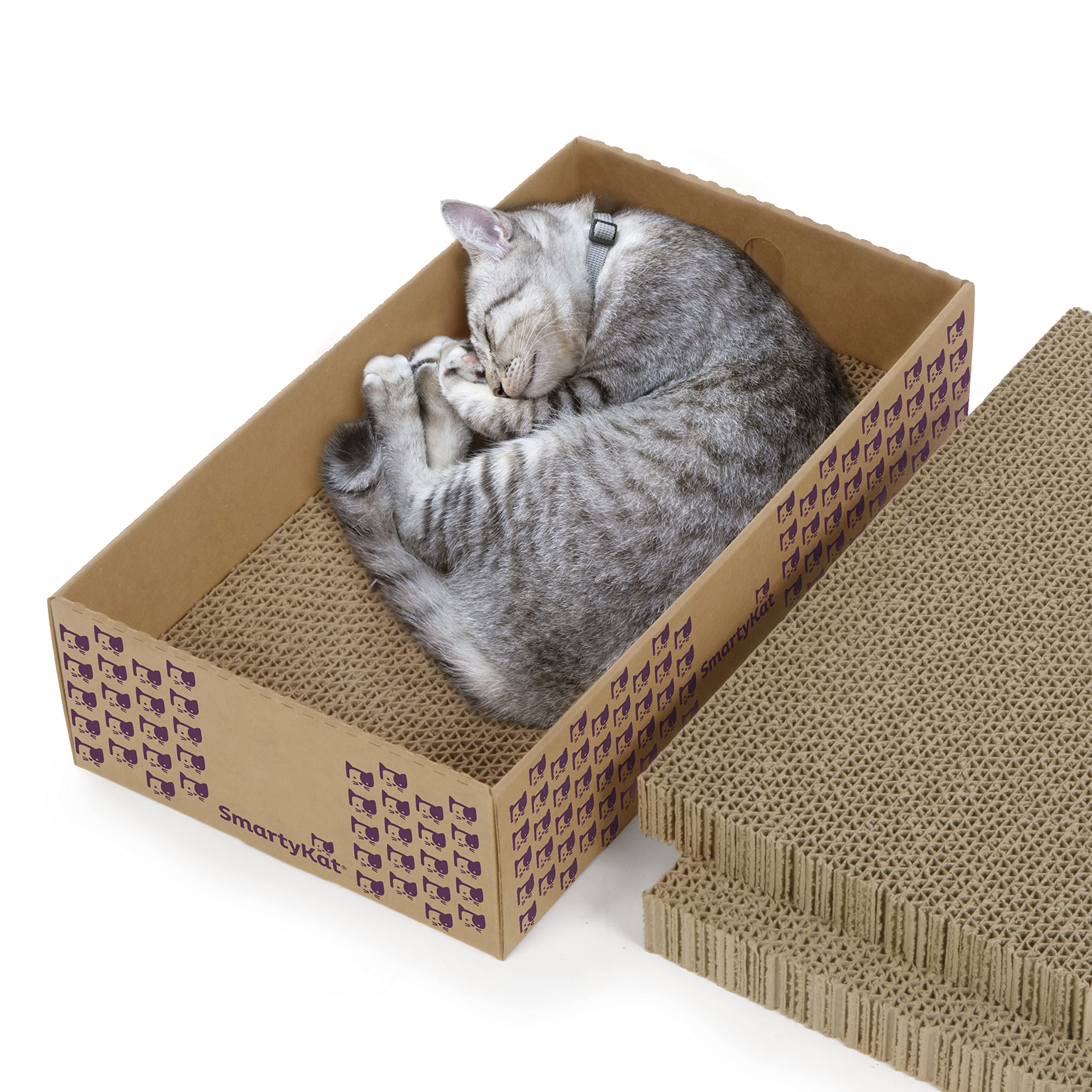 Smartykat (3 Set) Super Scratcher+ Stacker Box Corrugated Cat Scratchers, Catnip Infusion Technology - Brown, Double Wide, 3 Set