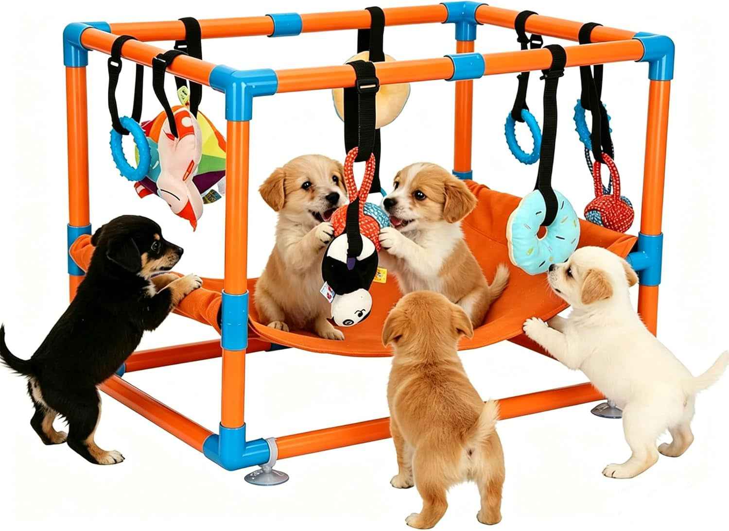 Indoor Puppy Play Gym with Hammock 8 Toys Dog Enrichment Activity Center