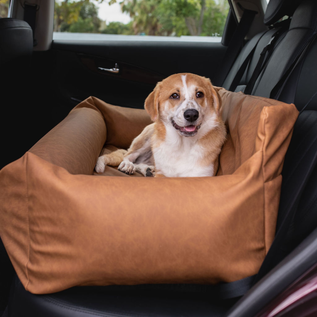 PupProtector™ Faux Cool-to-Touch Vegan Leather Memory Foam Dog Car Bed - Camel