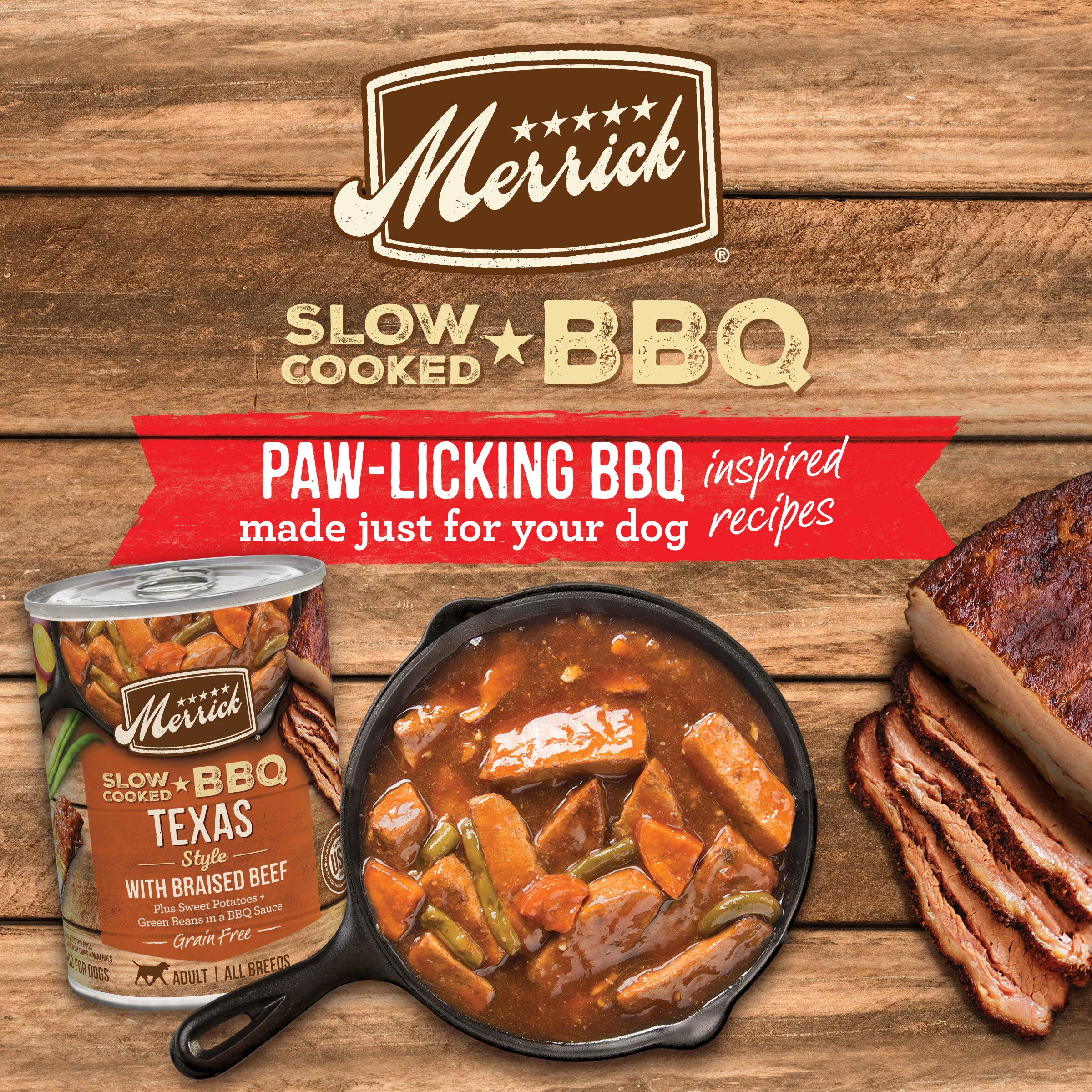 Merrick Slow-Cooked BBQ Premium Healthy Real Meat Grain Free Canned Dog Food, Texas Style With Braised Beef - (Pack of 12) 12.7