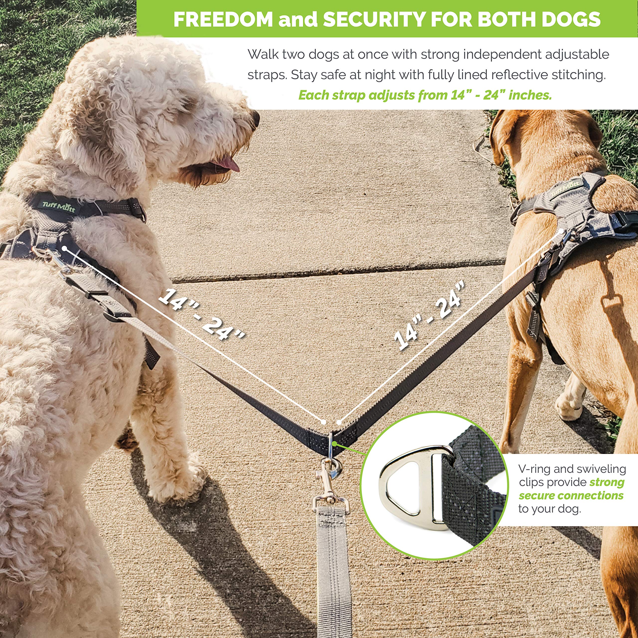 Double Dog Leash With Dual Adjustable Leads, 14 Inch To 24 Inch For Medium And Large Dogs, No Tangle Coupler Is Perfect For Walk