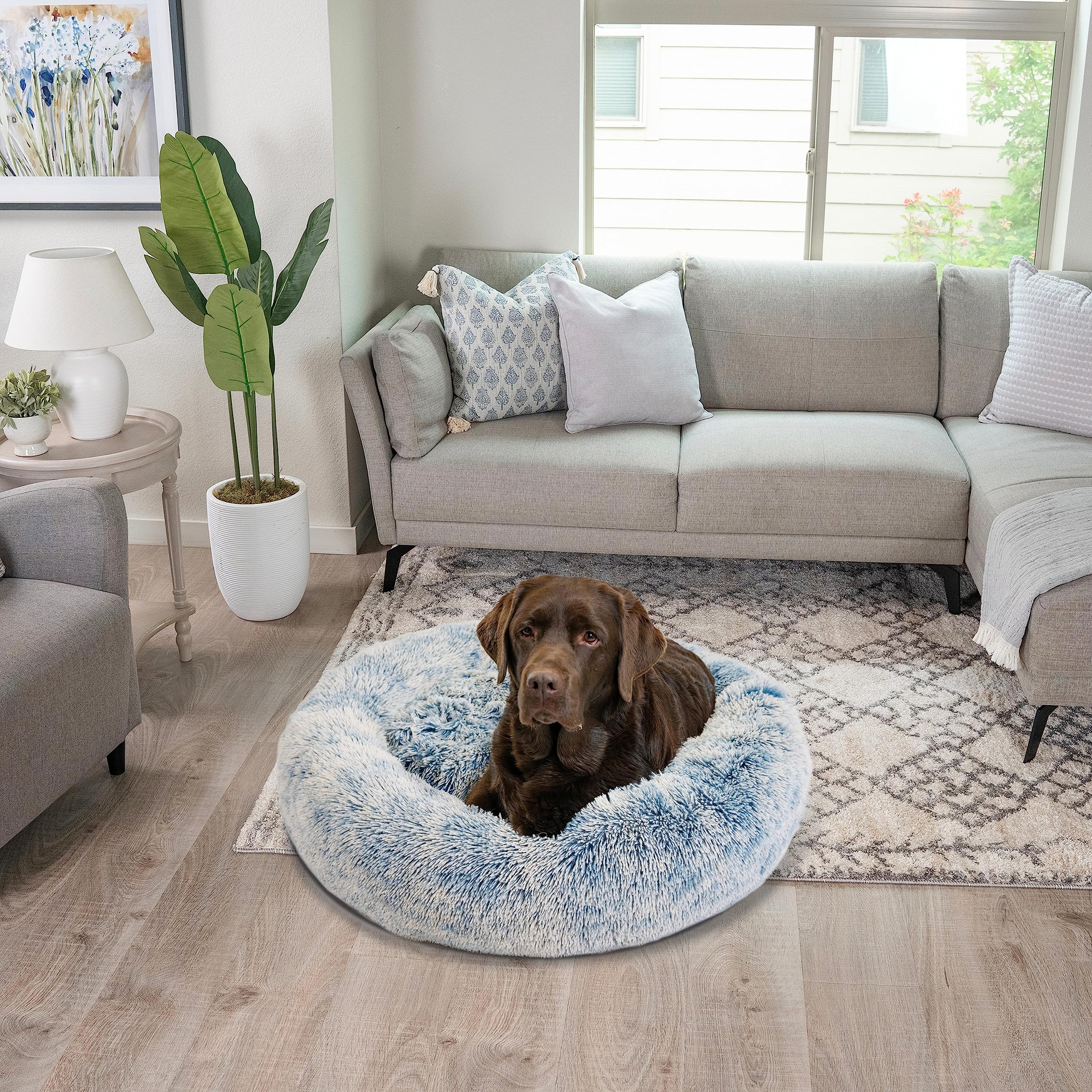 Best Friends By Sheri The Original Calming Donut Dog And Cat Bed In Shag Fur, Denim Blue, Large, 36X36